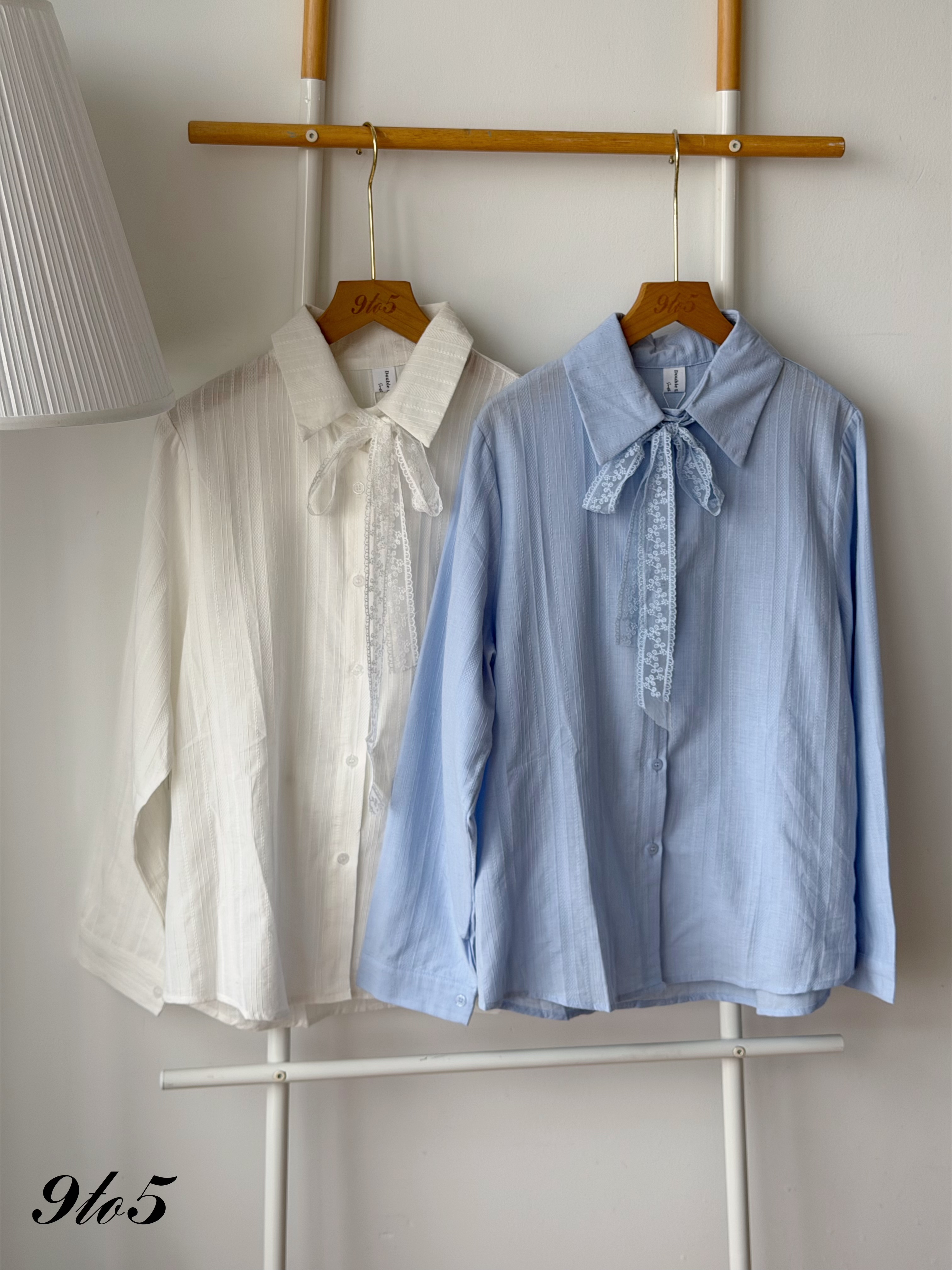 T4496 Lace Tie-Neck Collar Shirt - Blue & White 