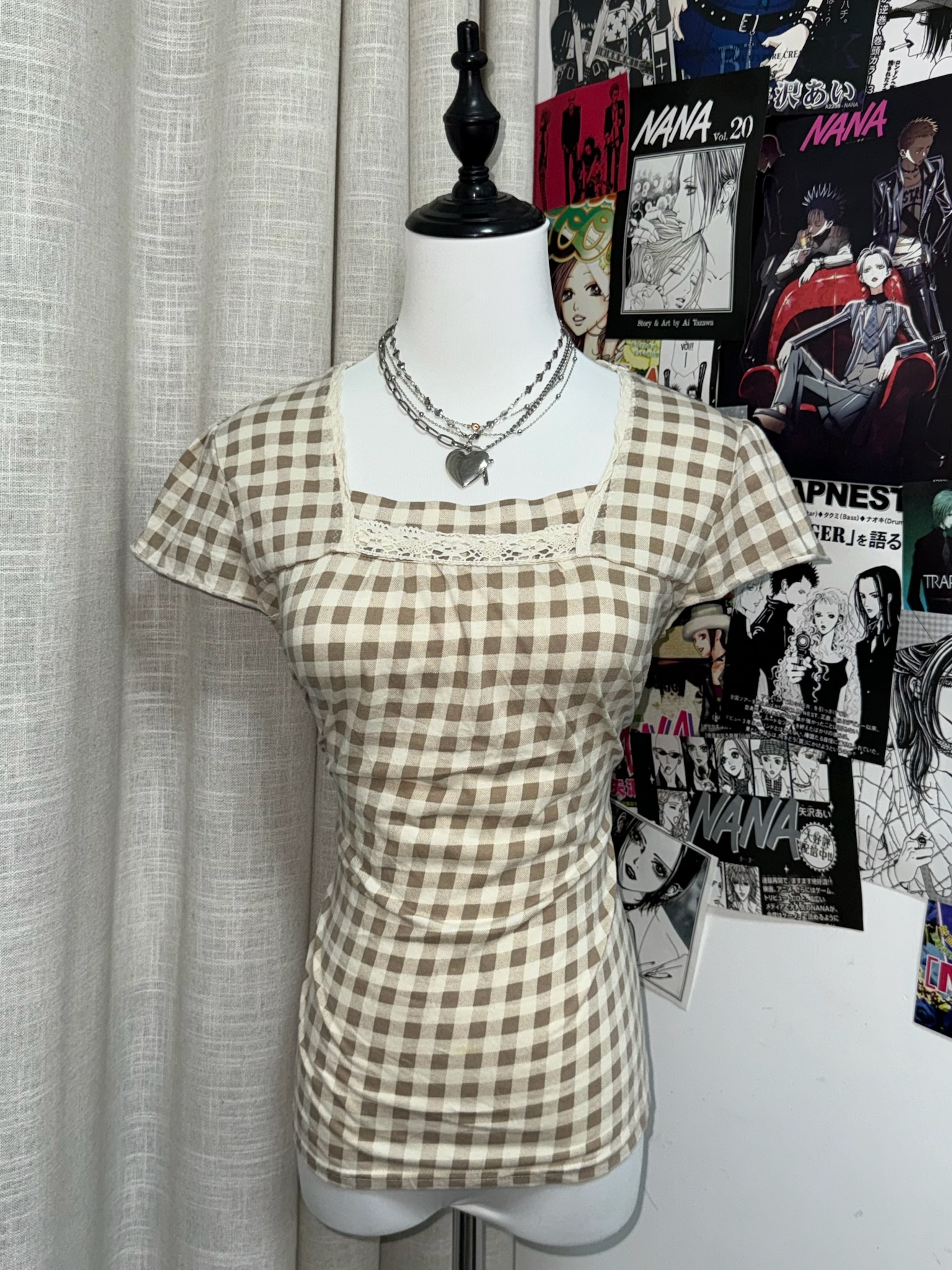 Cottagecore Lace-Detail Gingham Fitted Tee