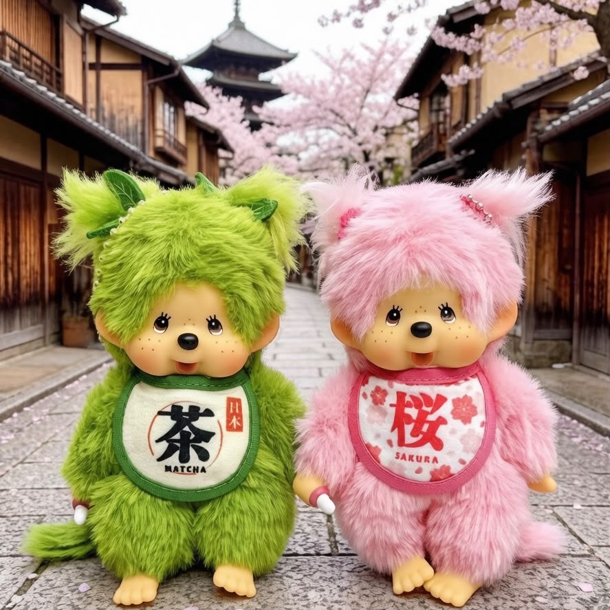 日本直送新款綠茶櫻花monchhichi 公仔仔掛飾拖鞋
