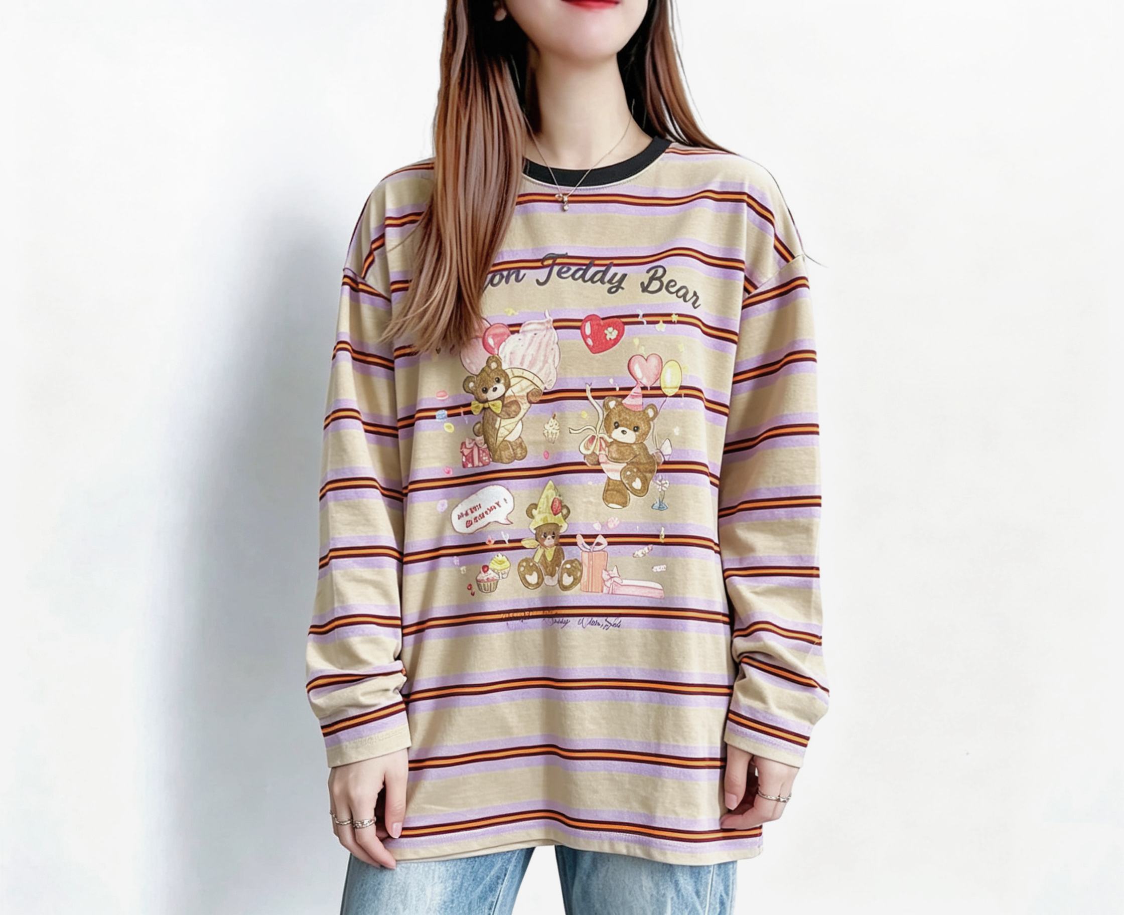 🍂初秋預訂✅ 撞色橫間熊熊print Top