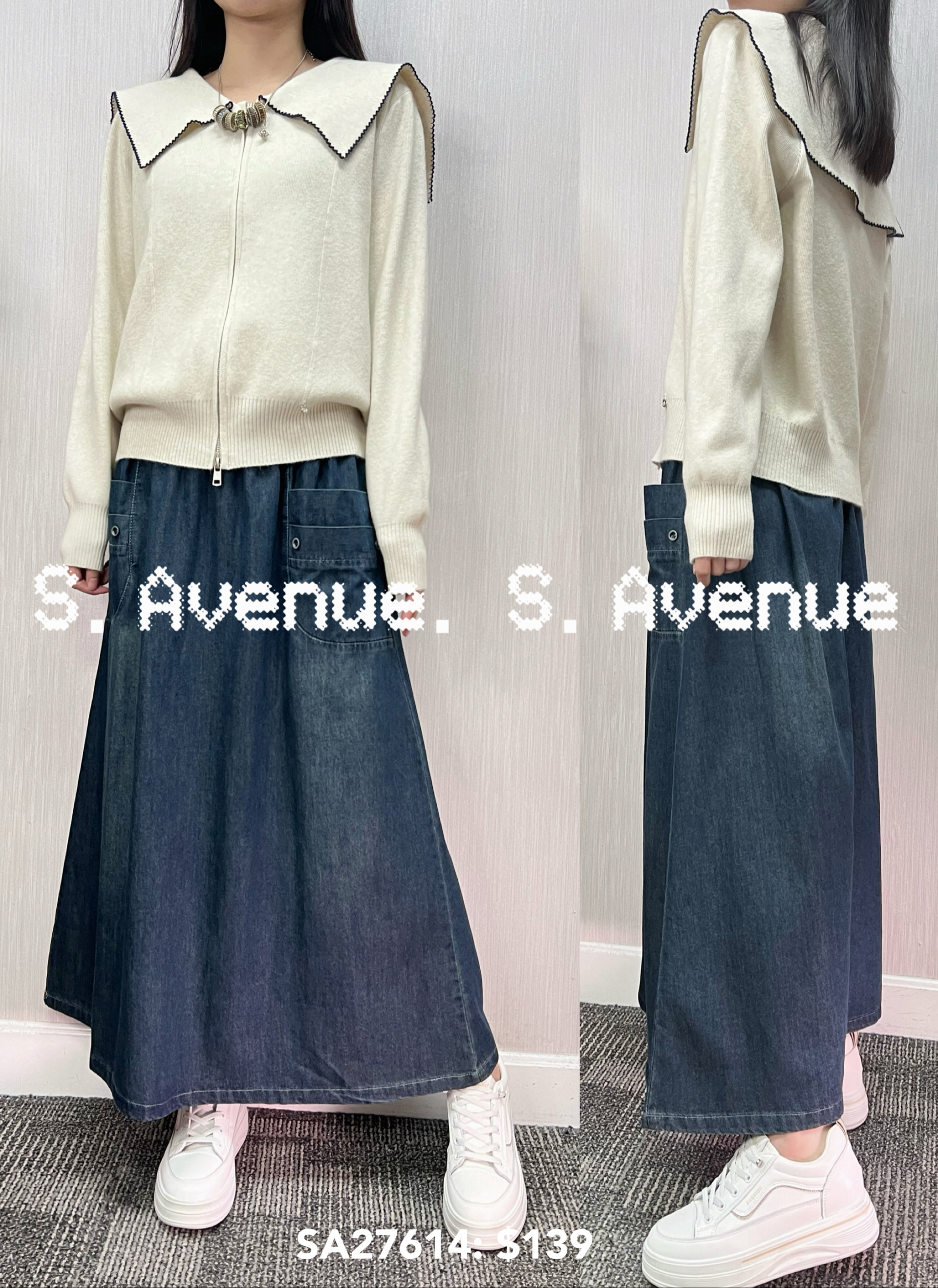 SA27614: 長袖水手領撞色邊前有骨拉鍊top