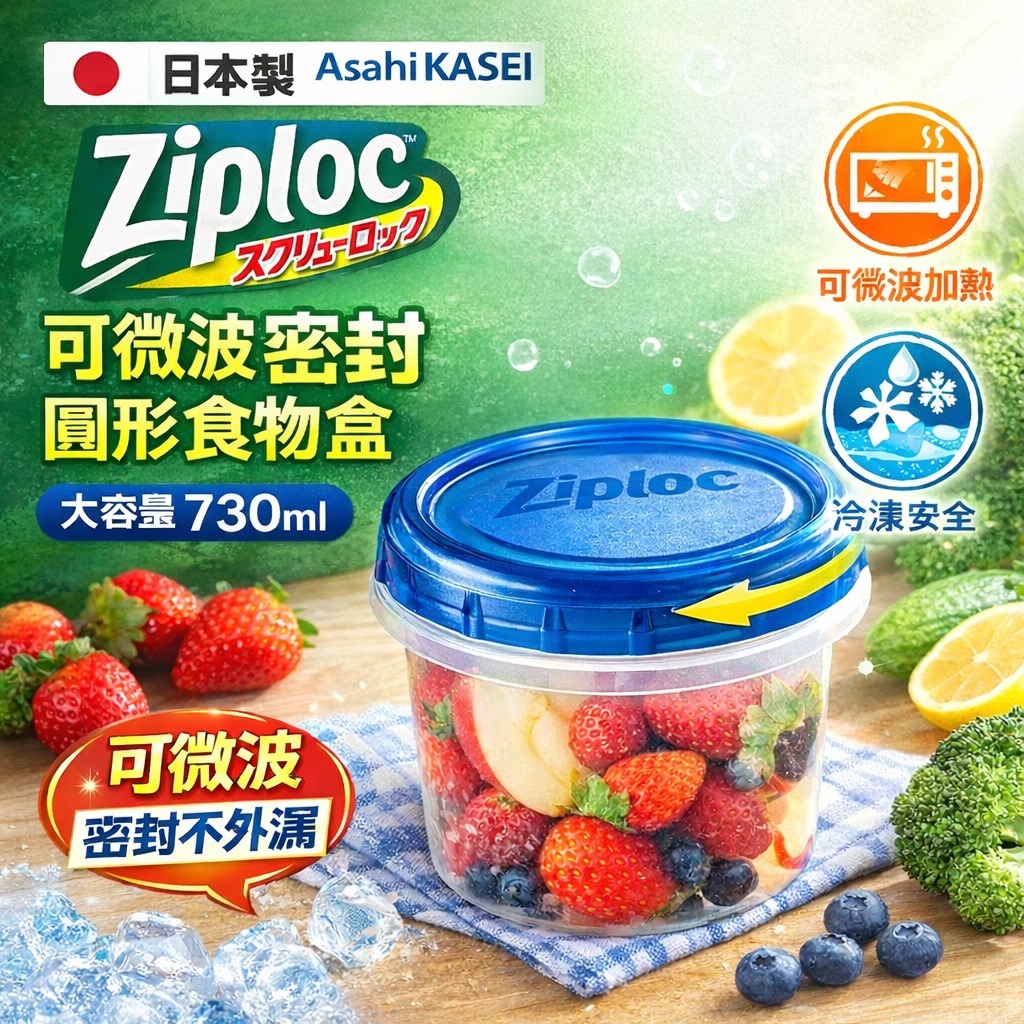 【預訂】日本 Asahi Kasei Ziploc 可微波爐密封圓形食物盒 730ml
