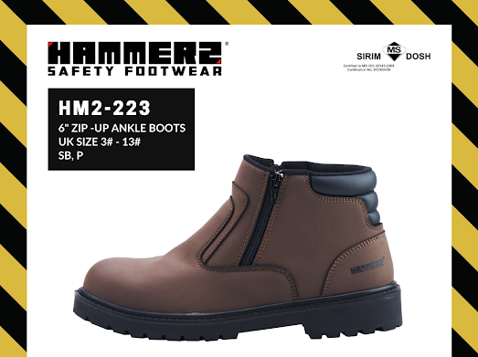 HAMMER 2 SAFETY FOOTWEAR HM2-223 6'' Zip-Up Ankle Boots SIRIM and DOSH Approved Shoes Kasut Keselamatan