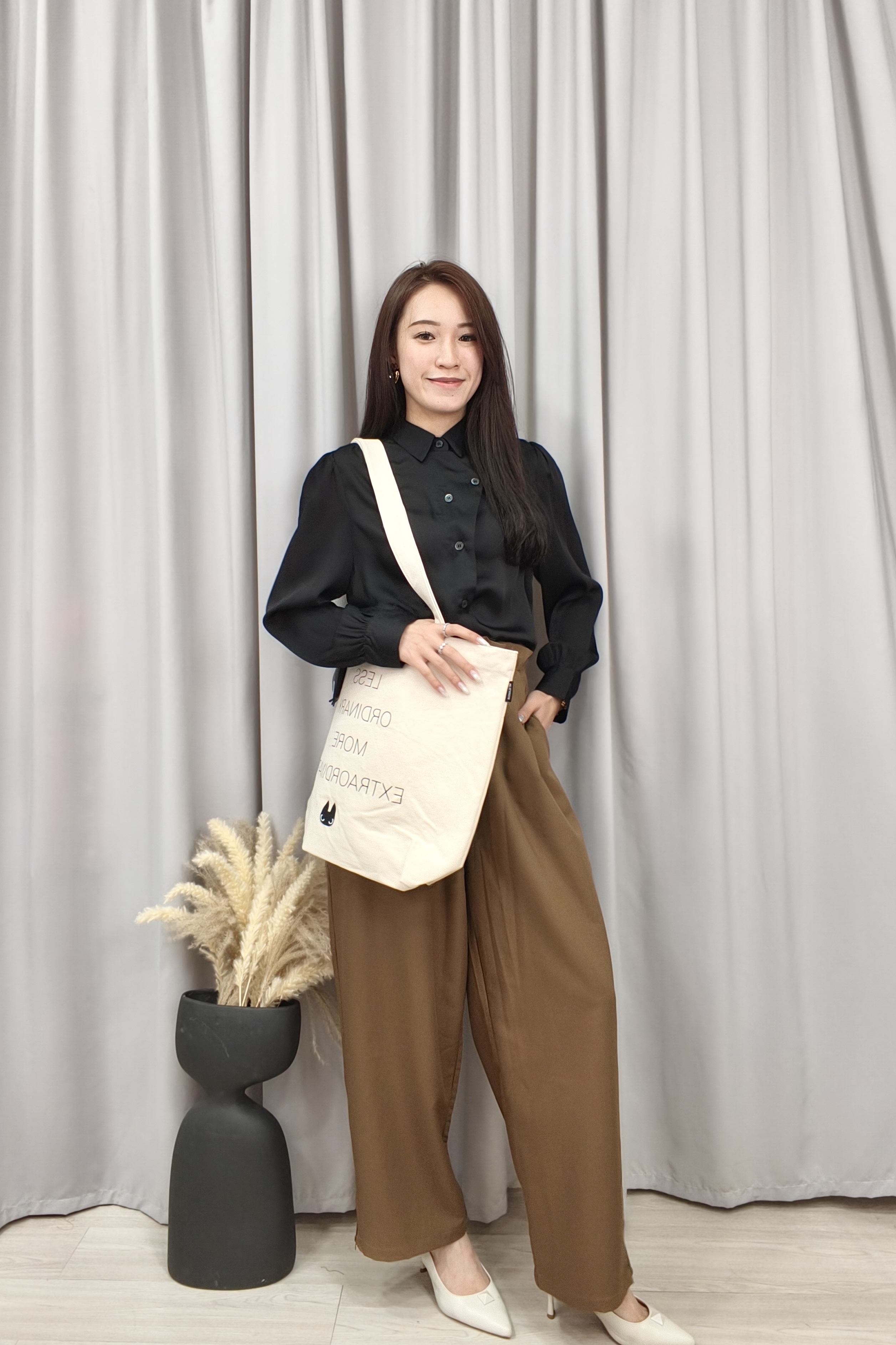CP1630 2pcs Black & Beige Minimal Statement Canvas Tote Bag