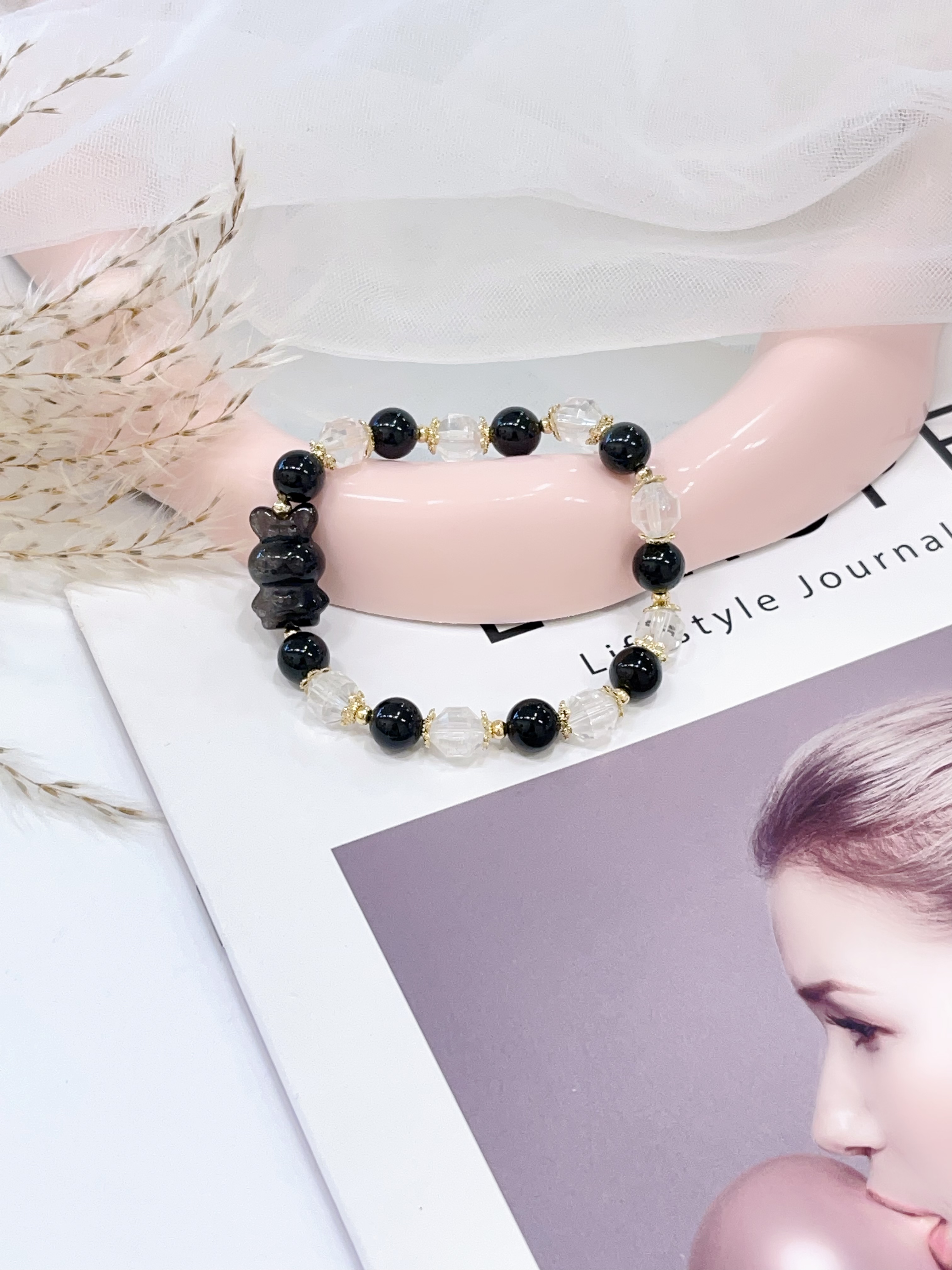 🖤 银曜石 × 切割白水晶手串 Silver Sheen Obsidian & Faceted Clear Quartz | 8mm