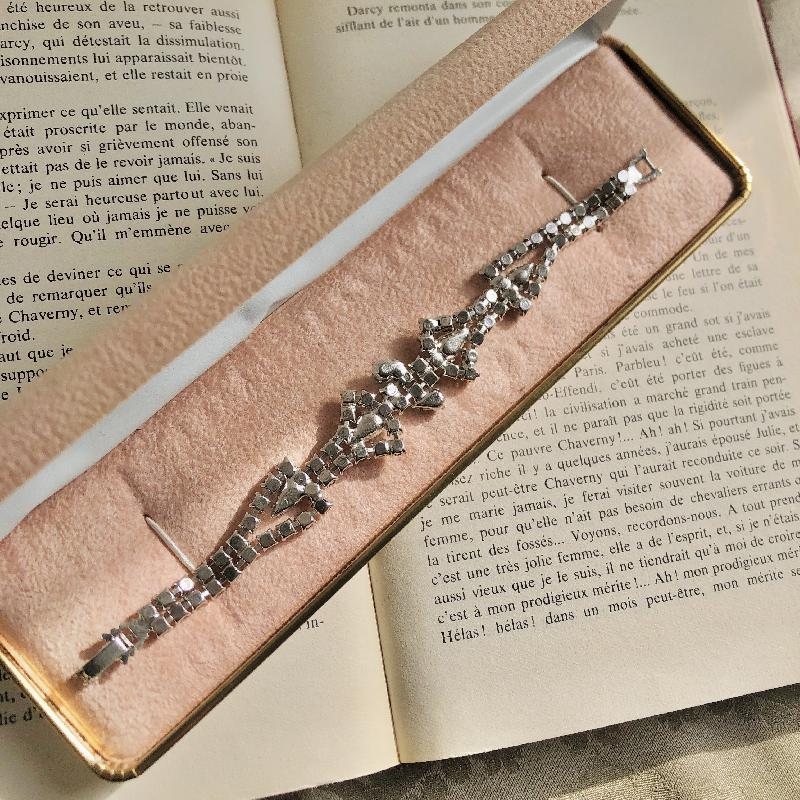 Vintage Mid-century Aqua and Clear Rhinestone Sparkling Evening Bracelet - 7" (MT1963-3)