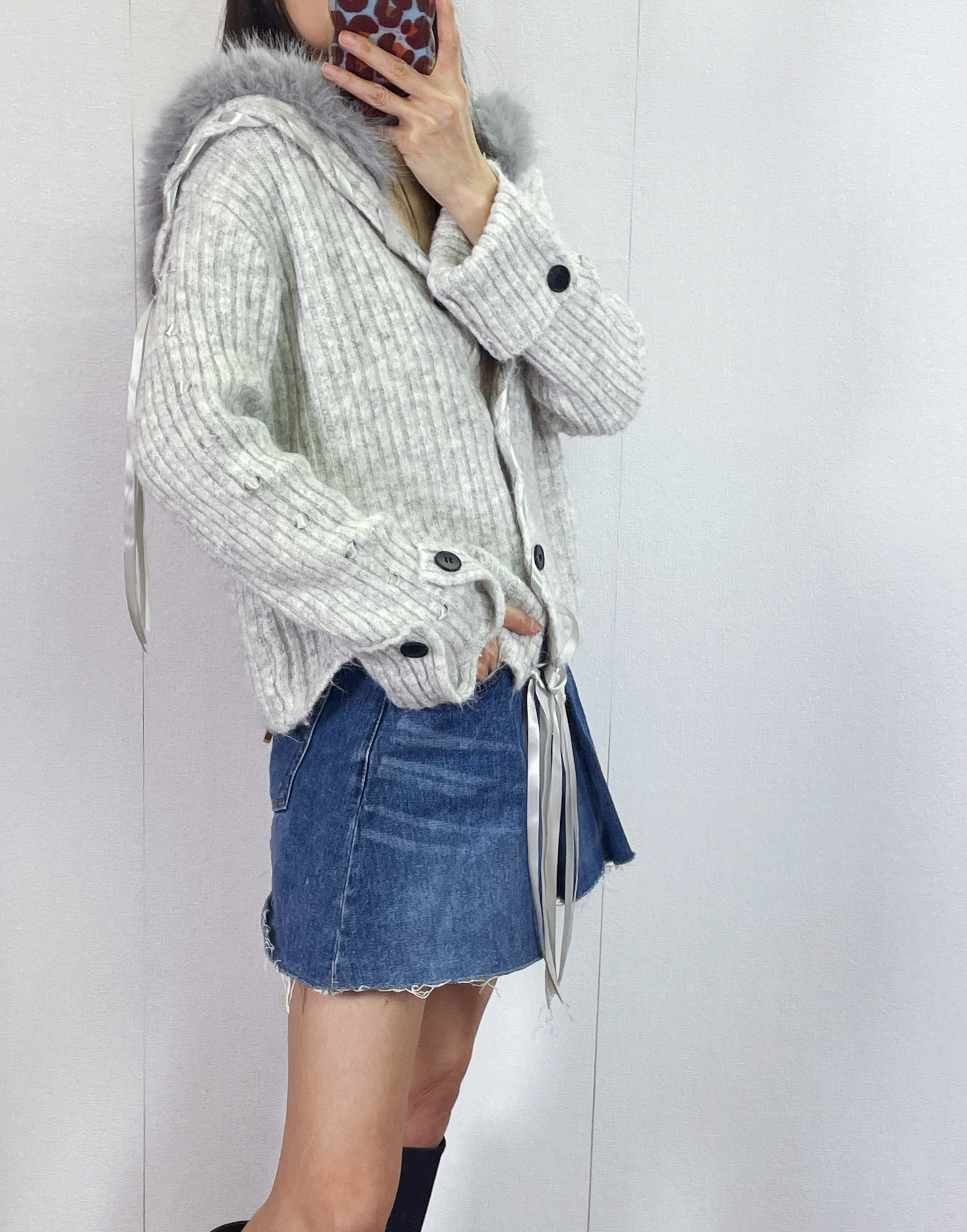 K5531 毛毛領拼絲帶針織外套