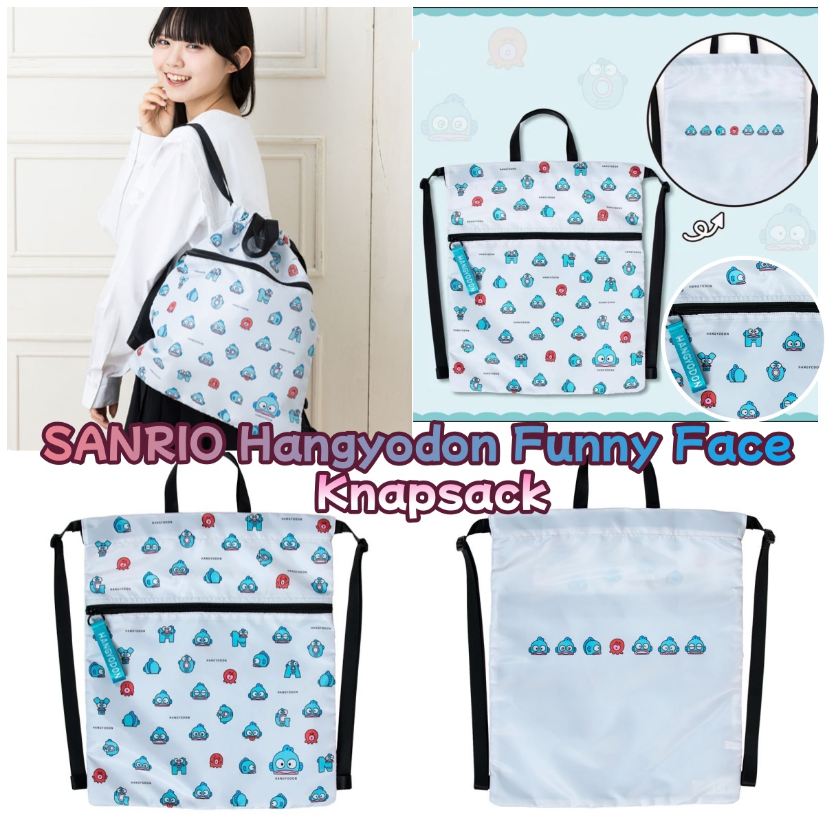 0714 SANRIO Hangyodon Funny Face  Knapsack 抽繩袋 8月尾