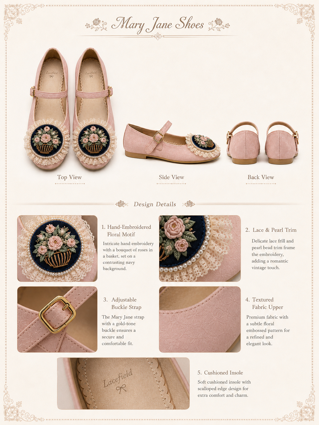 維多利亞玫瑰花園刺繡瑪麗珍鞋Victorian Rose Garden Embroidered Mary Jane Shoes
