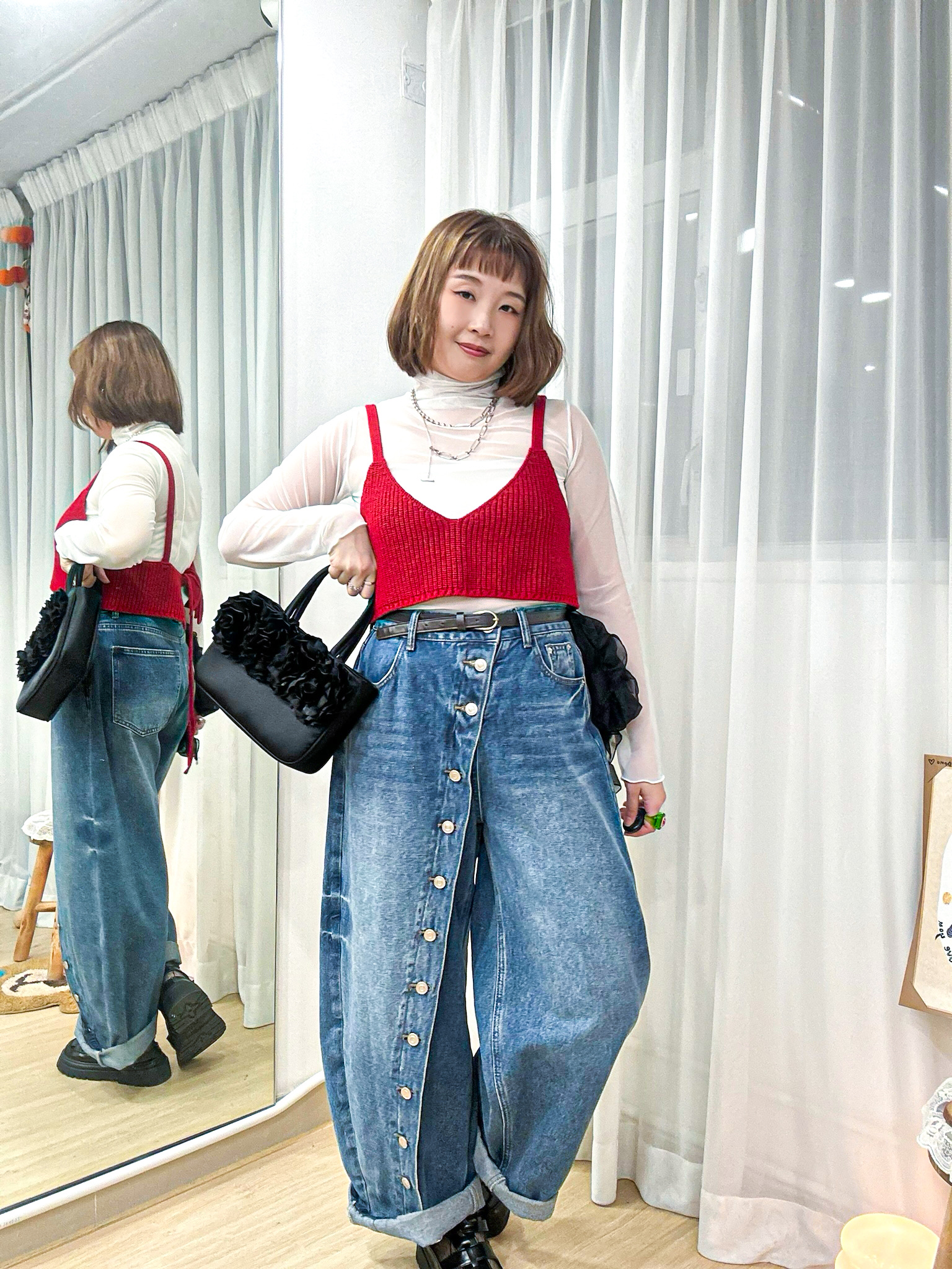 【WK推介】韓系街頭個性風～斜排扣立體感繭型牛仔褲 MU0002 - 藍色 Denim Blue