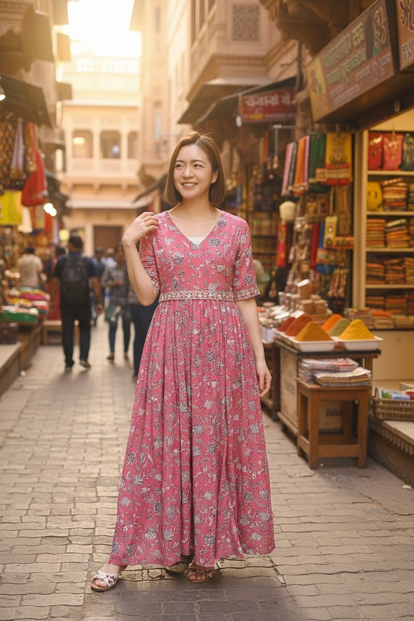 Red V-neck floral chiffon OP  #1011