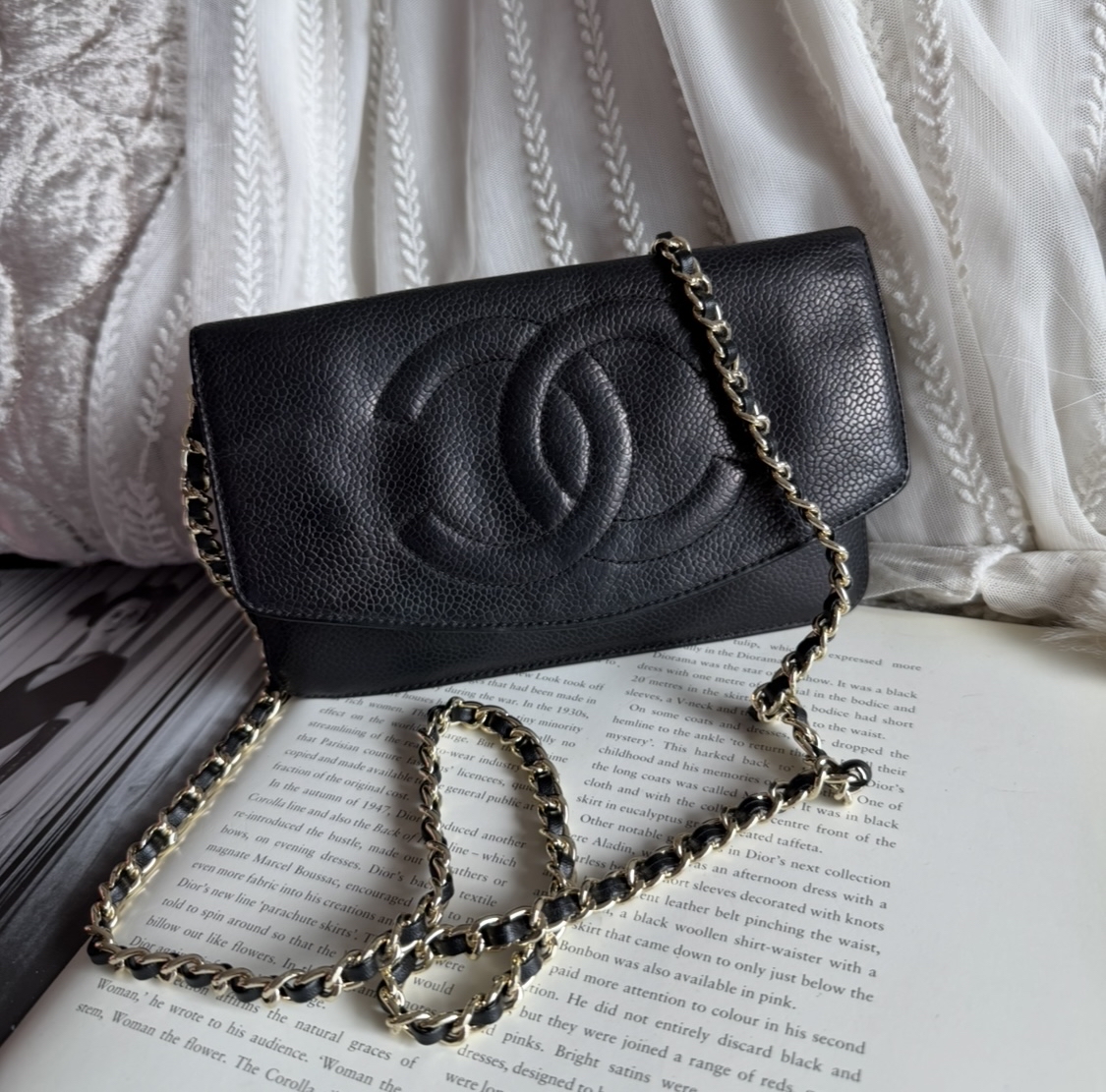 Vintage chanel black caviar leather long wallet