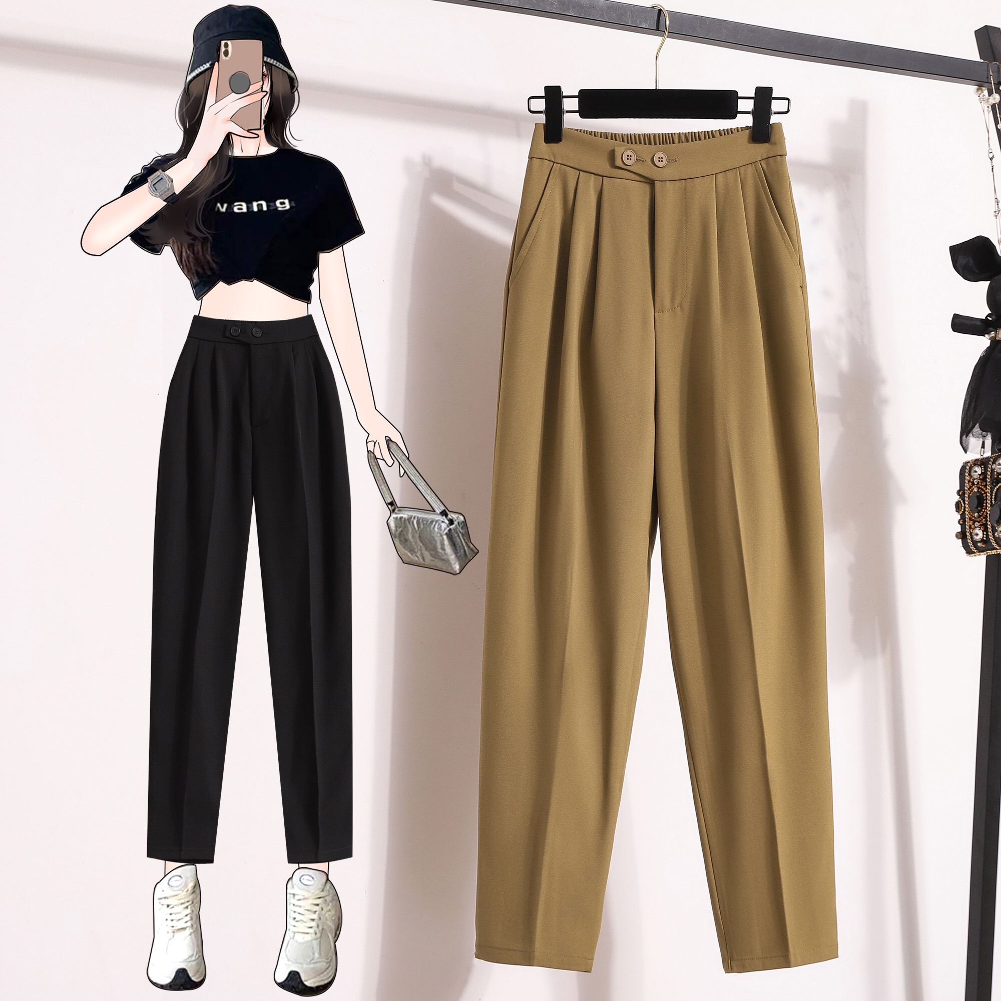 B85(7135) 韩版横双同色系钮显瘦捏痕6色西装哈伦烟管裤