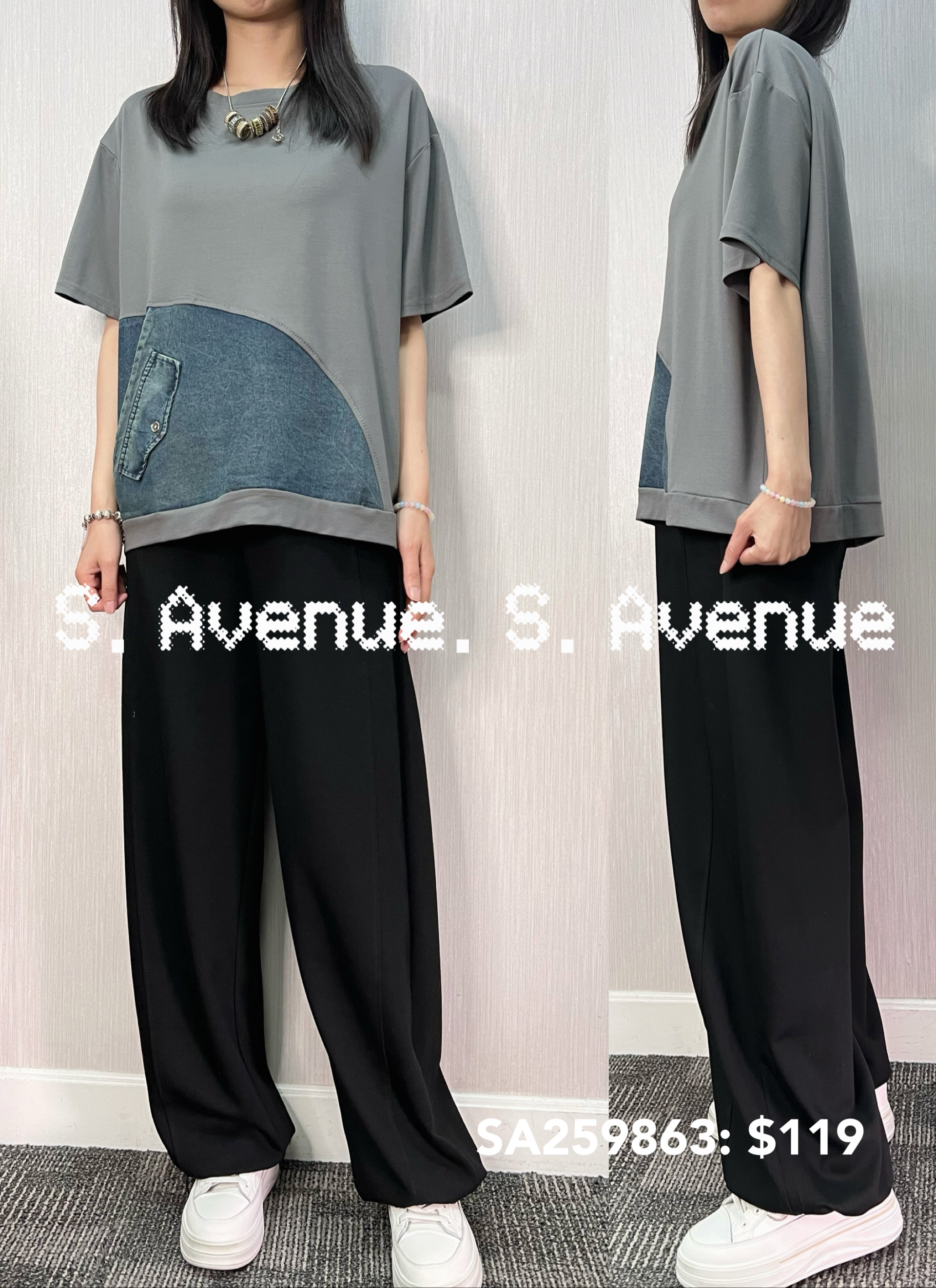 SA259863: 短袖拼牛仔tee