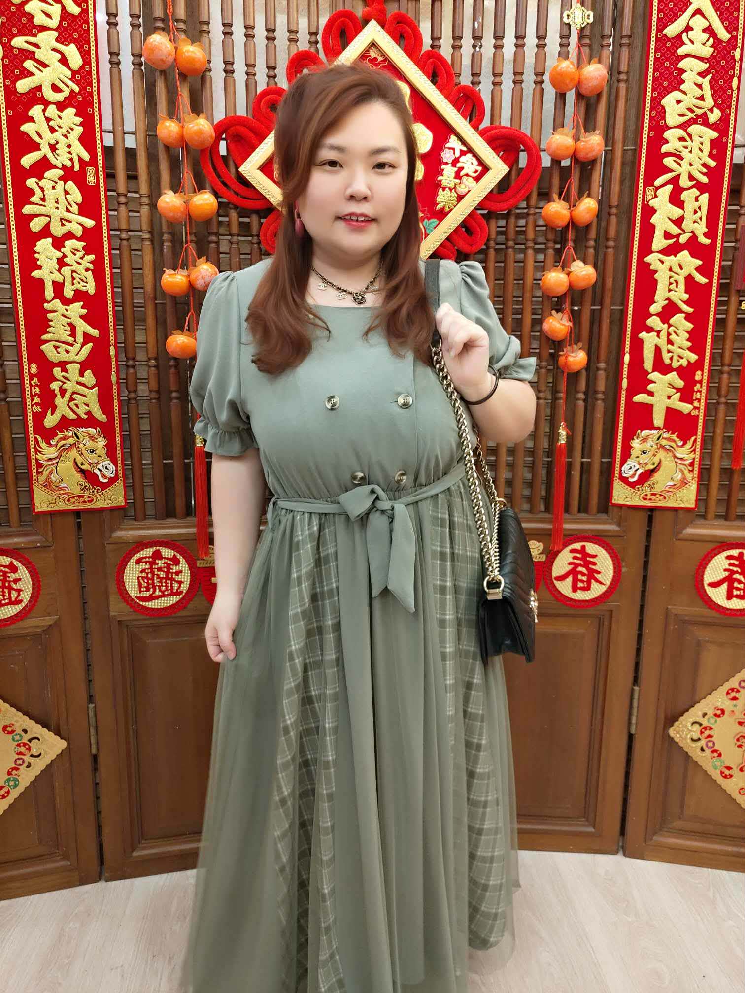 NJH09 TW#3132A 格子纽扣网纱连衣裙