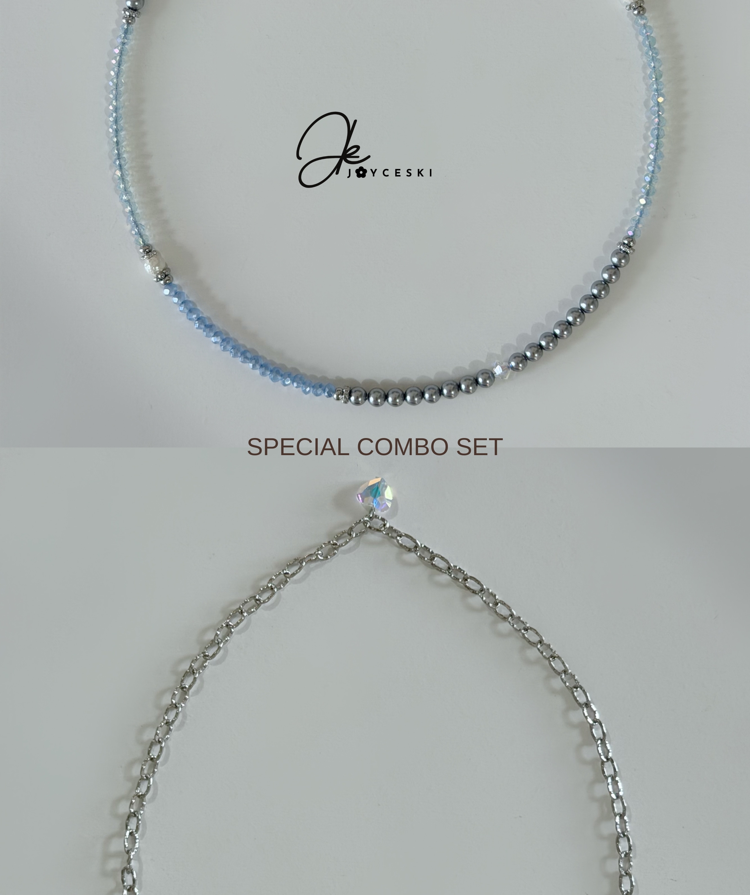 新款頸鍊75折Combo Set - 奶油藍混色 x 銀色幻彩白心形吊嘴 *預訂款