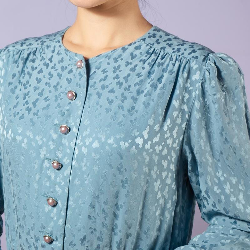 Vintage Powder Blue Satin Luxe Abstract Pattern Day Dress(MT1608-103)