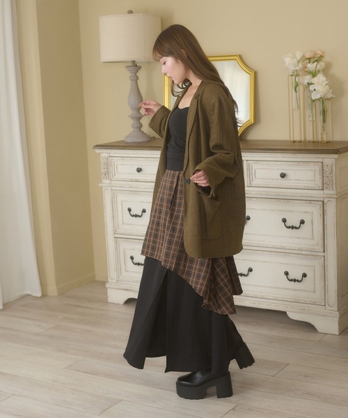 格子雙層開衩喇叭裙