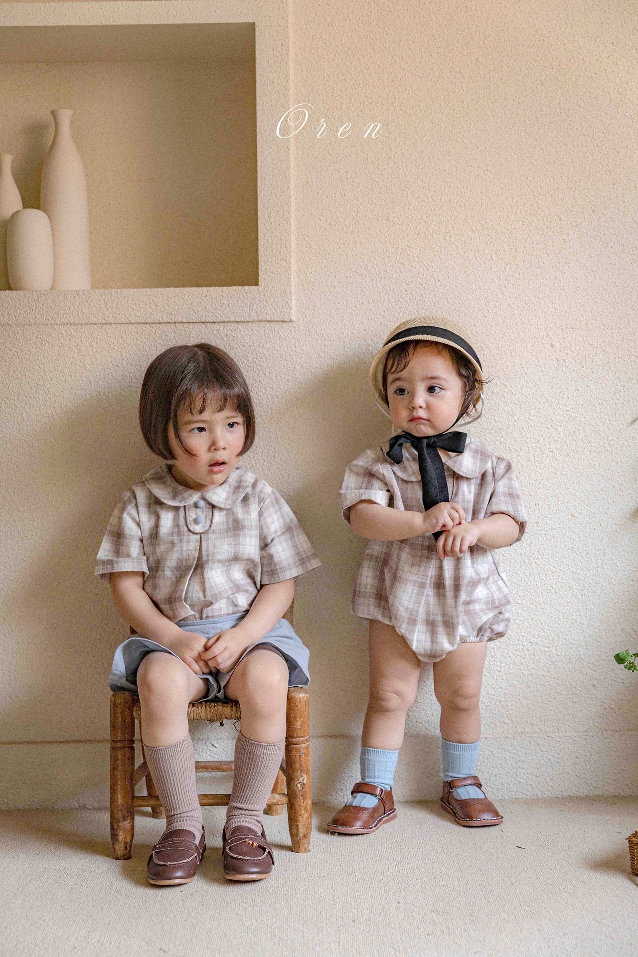 ☀️預訂 韓國直送☀️🇰🇷Oren Oliver兩色格紋純棉圓領短袖包屁衣/上下套裝