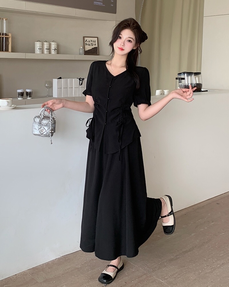 B202(63147) 韩系气质高级感双边腰抽绳褶皱上衣与长裙黑杏套装