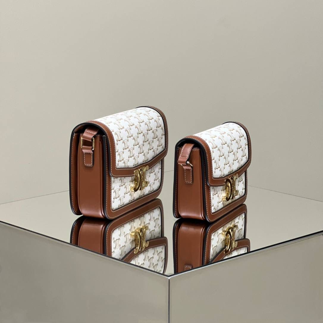 🔥大货实拍图 𝗖𝗘𝗟𝗜𝗡𝗘 ♥ 𝗧𝗥𝗜𝗢𝗠𝗣𝗛𝗘 𝗕𝗢𝗫 型号：191242 中号尺寸：22.5*16*7cm 小号尺寸：18.5*14*6cm 凯旋门自发行以来就一直火的一塌糊涂，最开始的老花到纯色到帆布，这只帆布真的太好看了，超级清新！