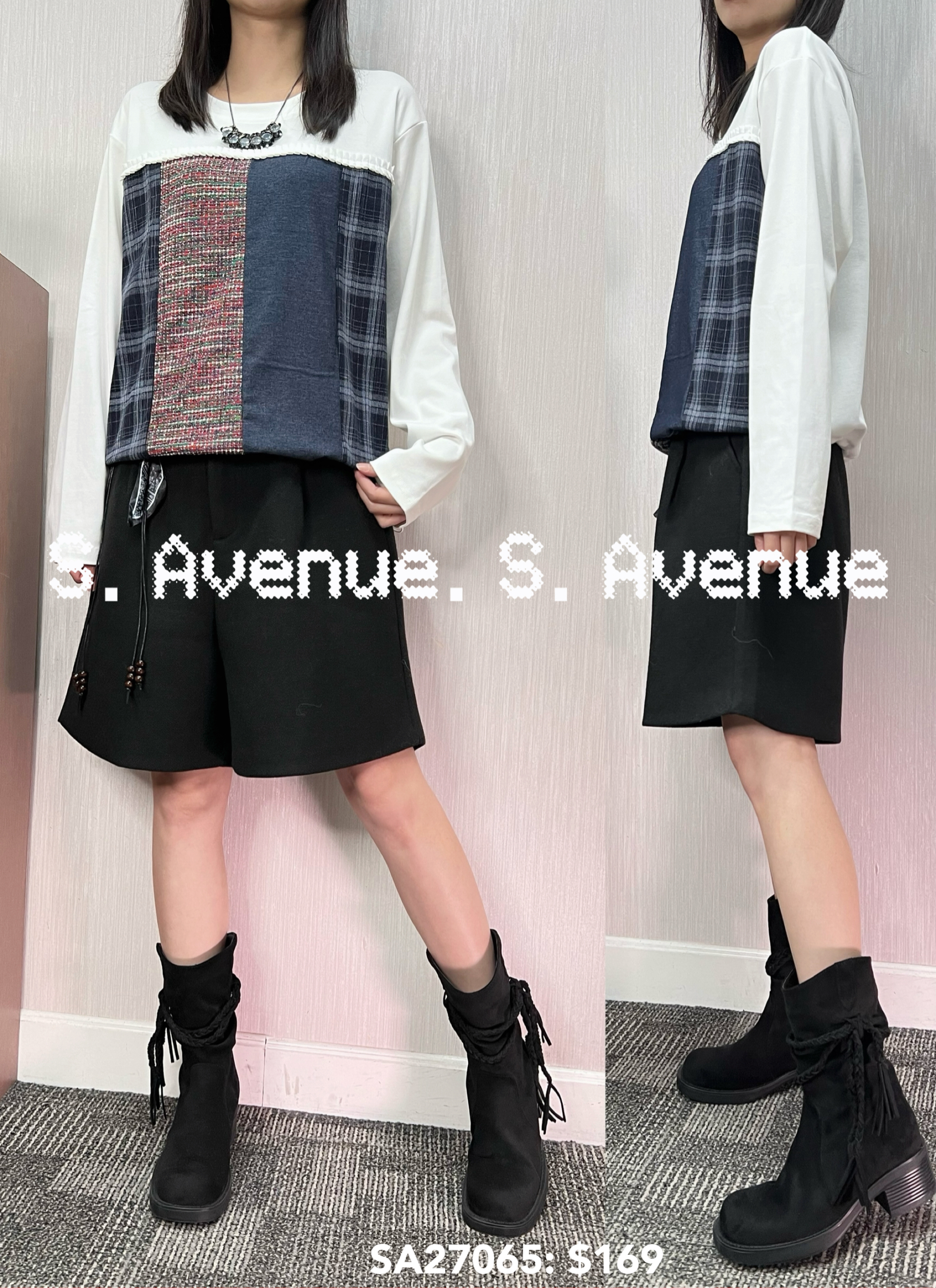 SA27065: 長袖拼格仔拼牛仔布top