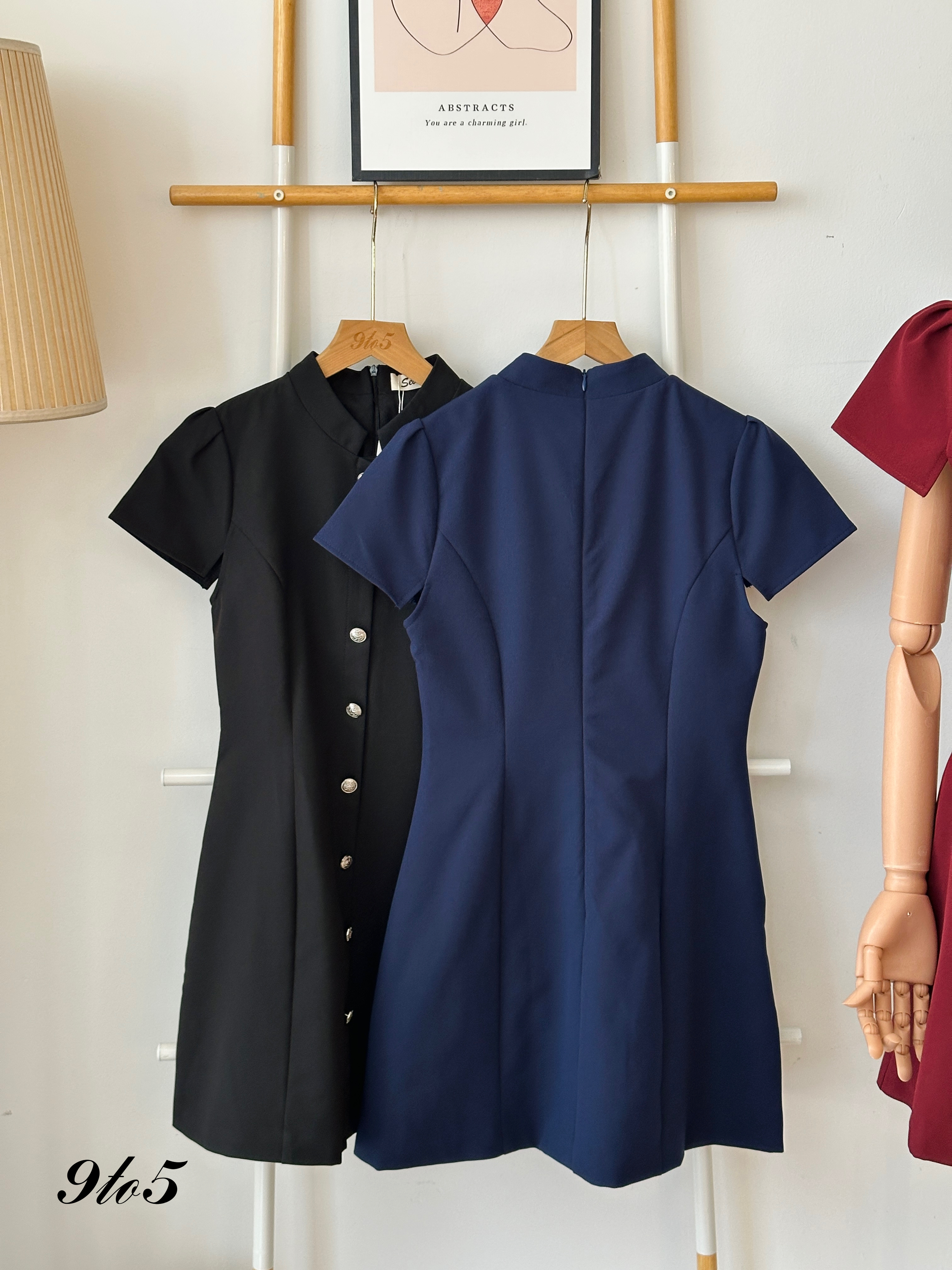 D2313 Puff Sleeve Stand Collar Dress - 3 Colors