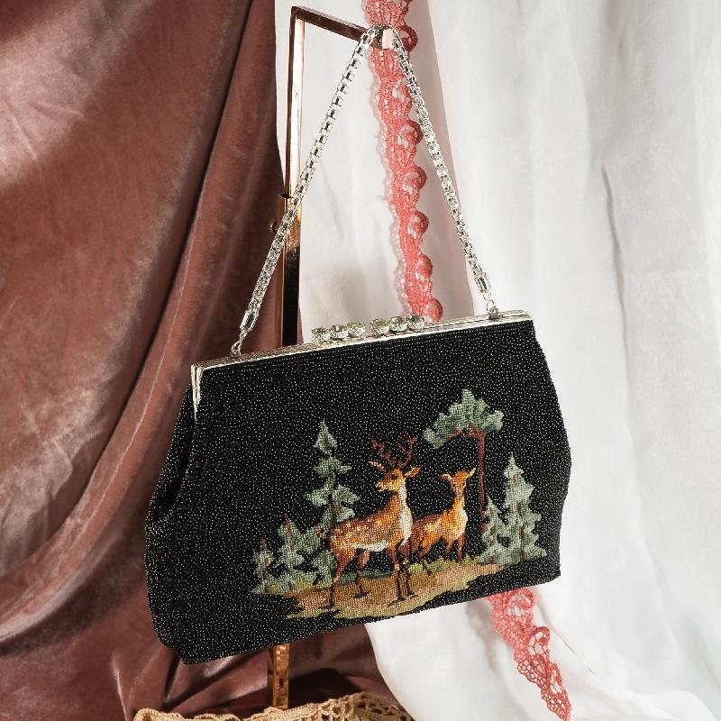 Vintage 1980-90s Midnight Forest Deer Beaded Bag - New Old Stock (NA0782)