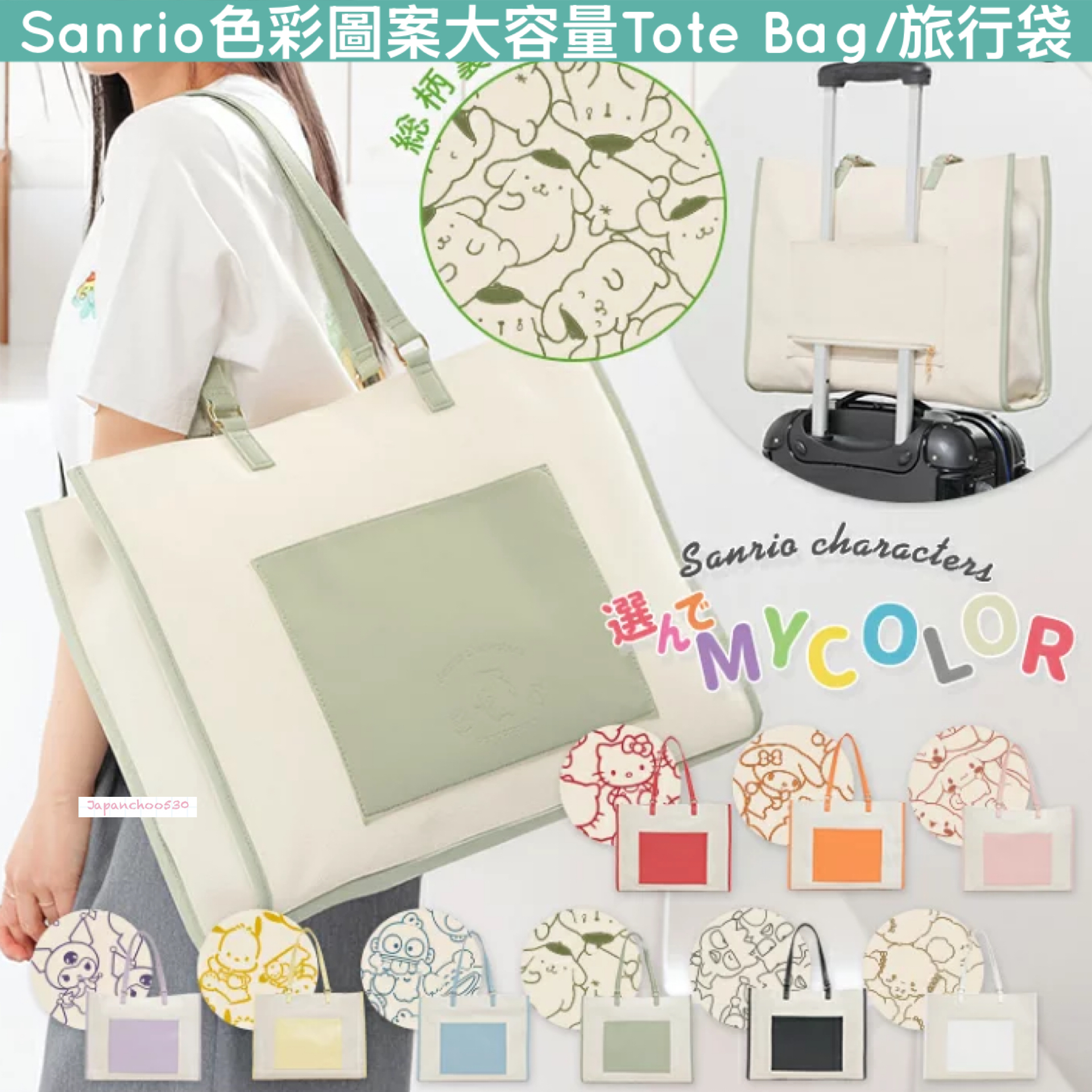 日本預訂📍Sanrio色彩圖案大容量Tote Bag/旅行袋 不包郵