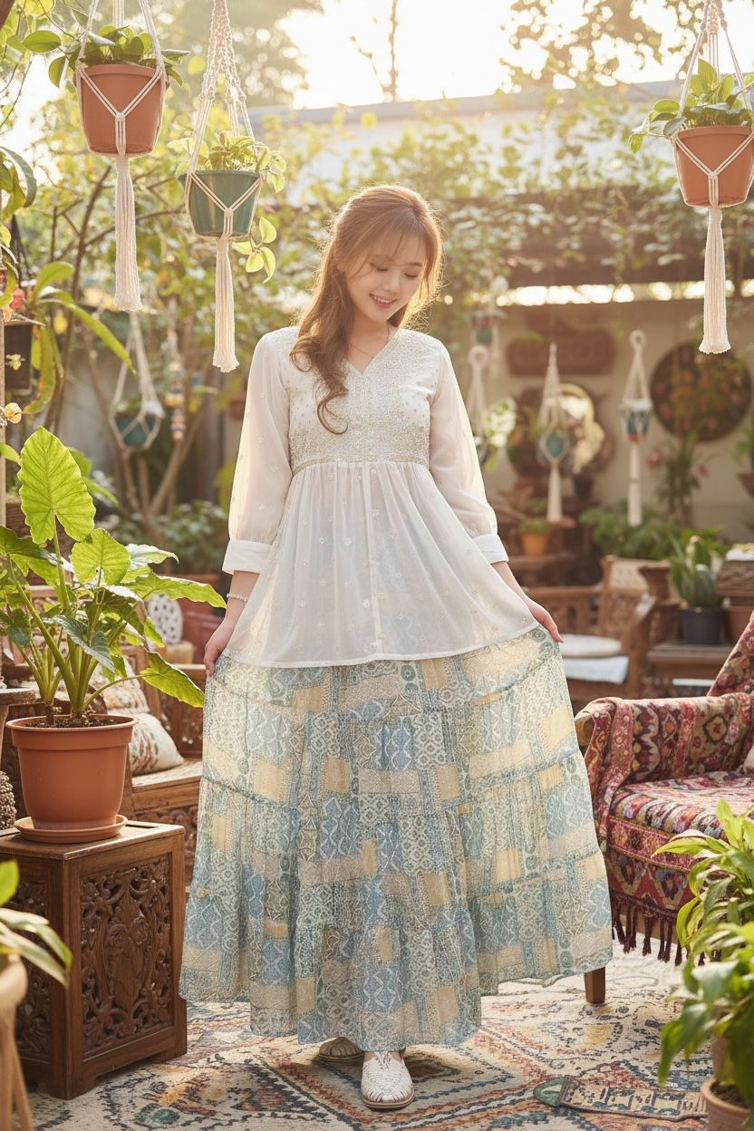 Milky White See-through Y neck full emb. mid sleeve top #634