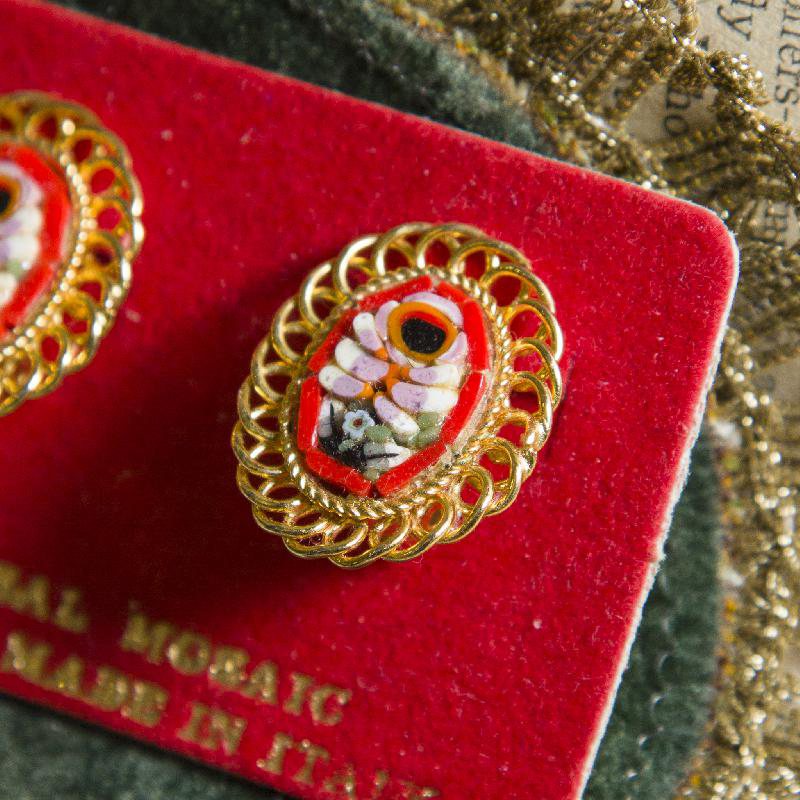 Vintage Italian Mosaic New Old Stock Clip Earrings on Original Card - Red and Pink Floral Mosaic in Golden Frame(HD216)