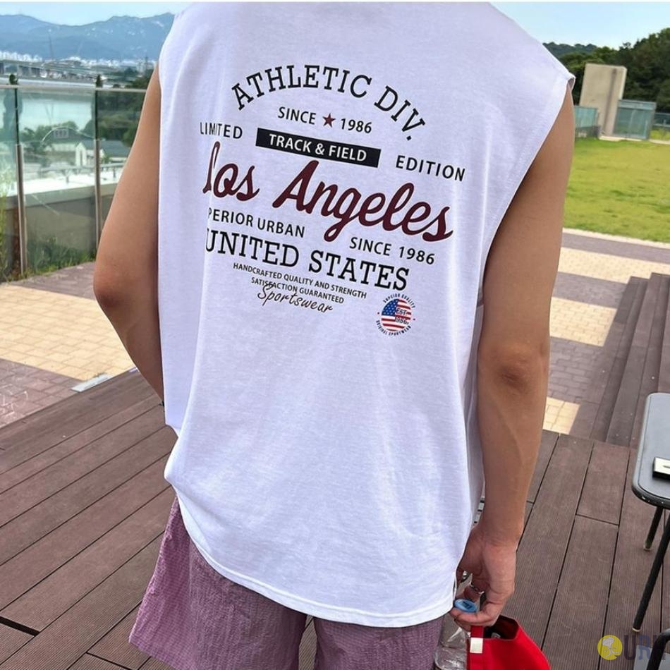 【100%保證韓國直送】Los Angeles 美式復古小標誌前後字母幾何印花寬鬆落肩背心 👕 [3 color] RG165917
