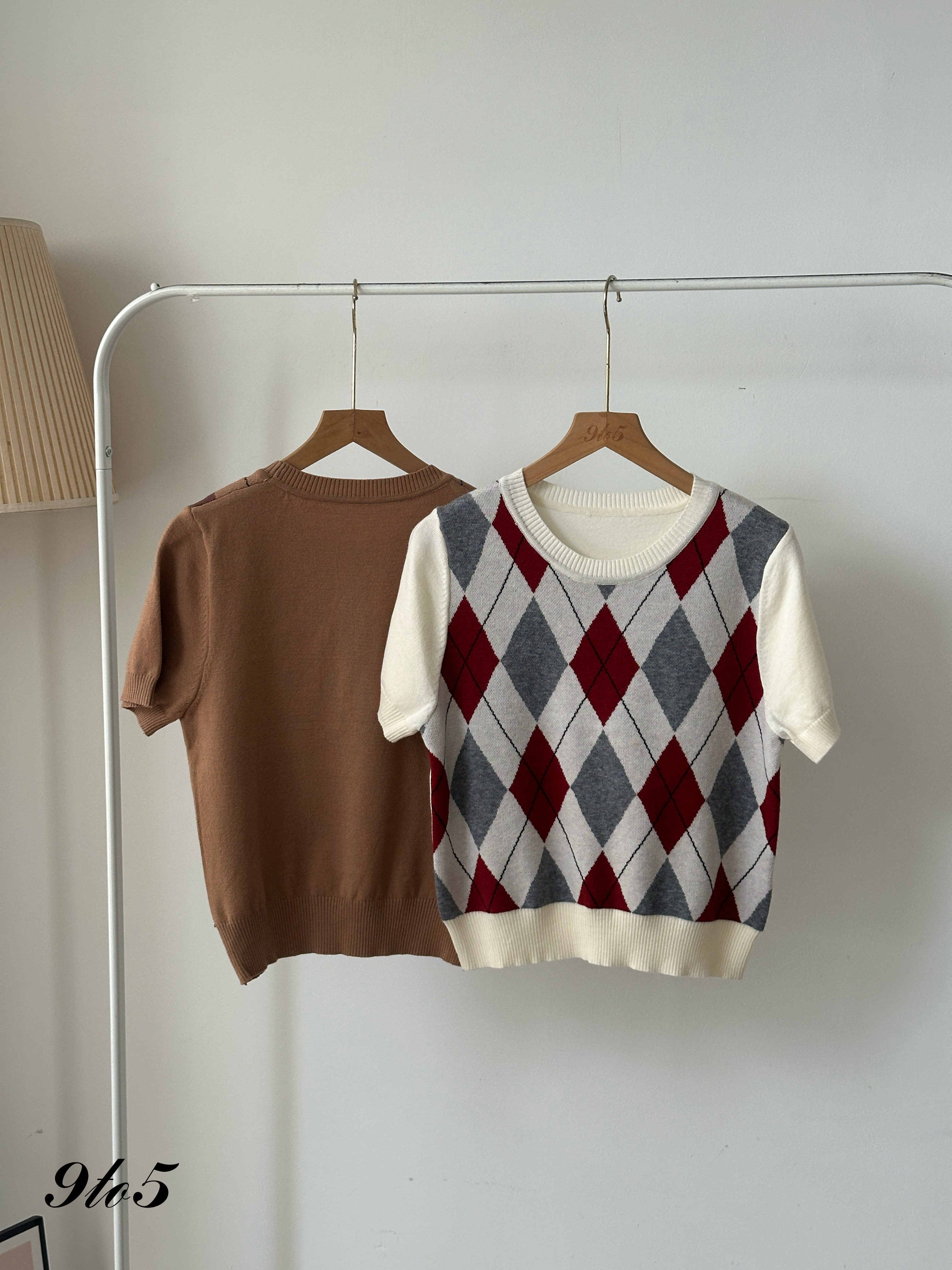 T4005 Argyle Knit Short Sleeve Top - 5 Colors 