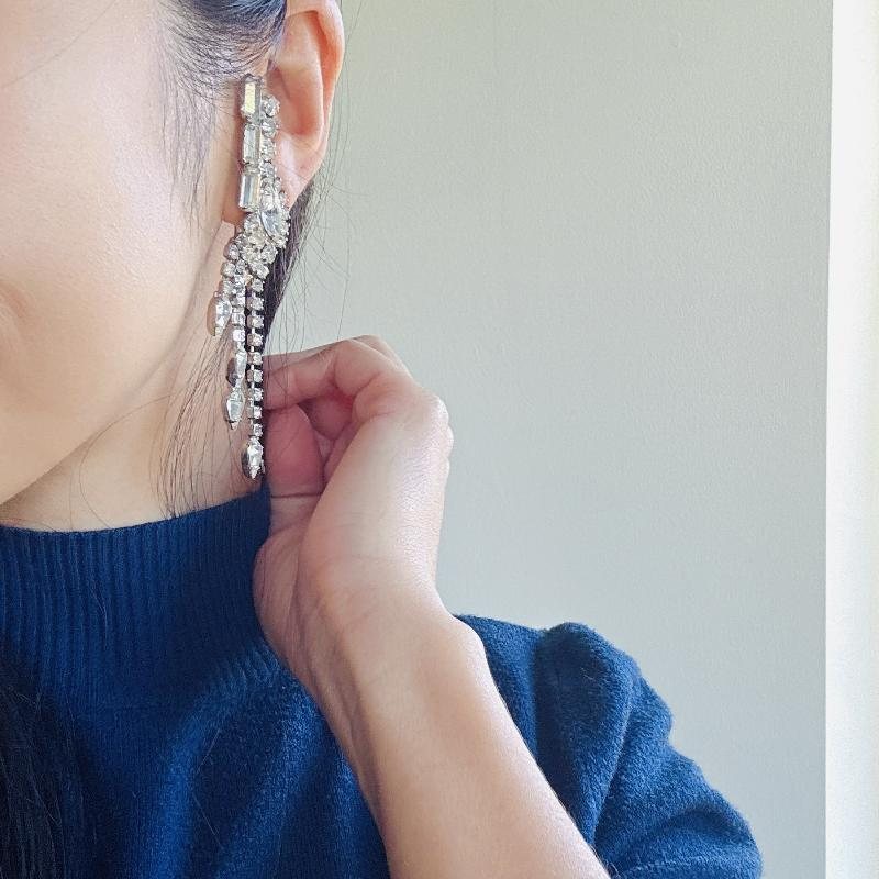Vintage c.a. 1950s Glamorous Cascade Diamanté Sparkling Clip Earrings (MT2139)