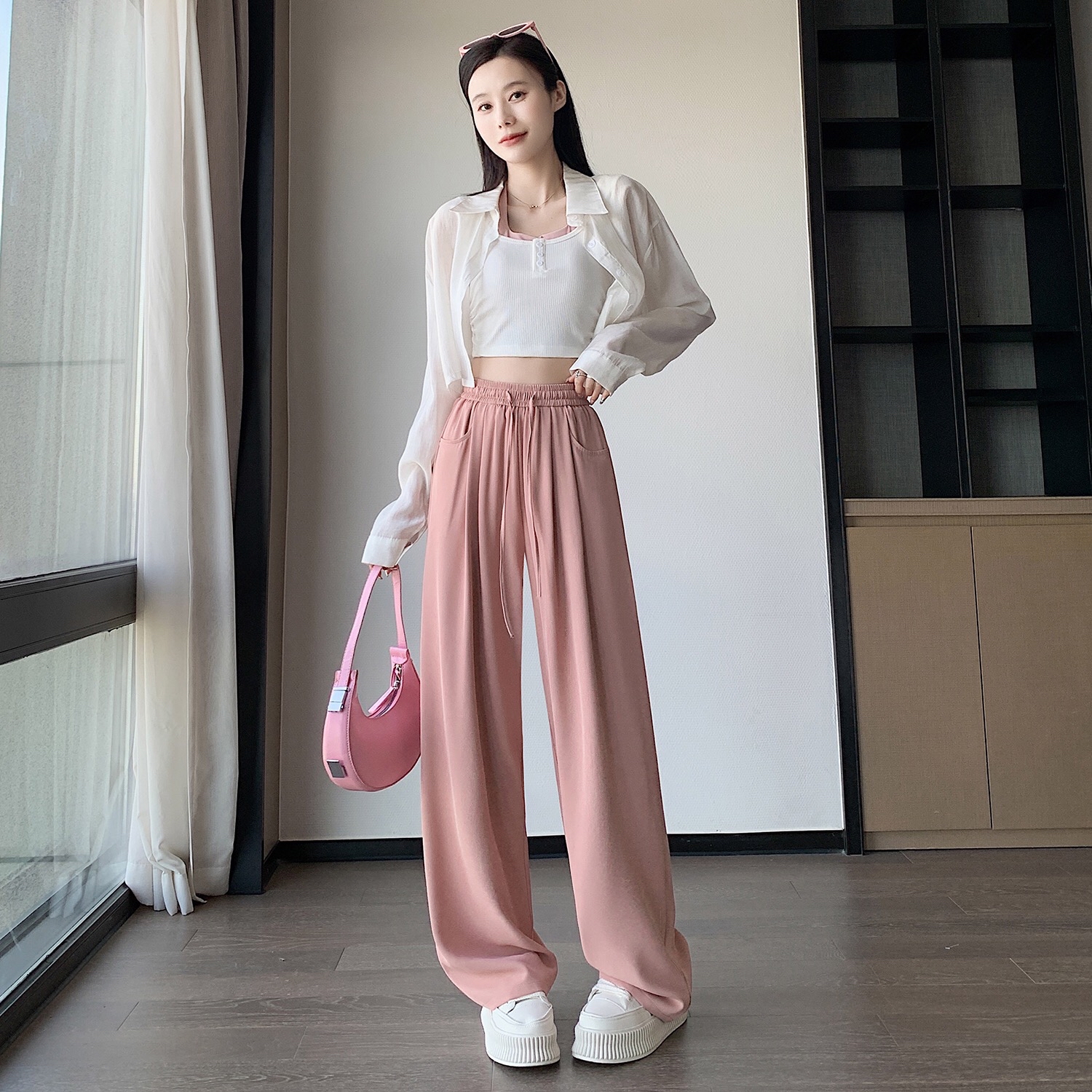 B179(66248) 韩系休闲风松紧腰爆款冰丝西装百搭3色长裤