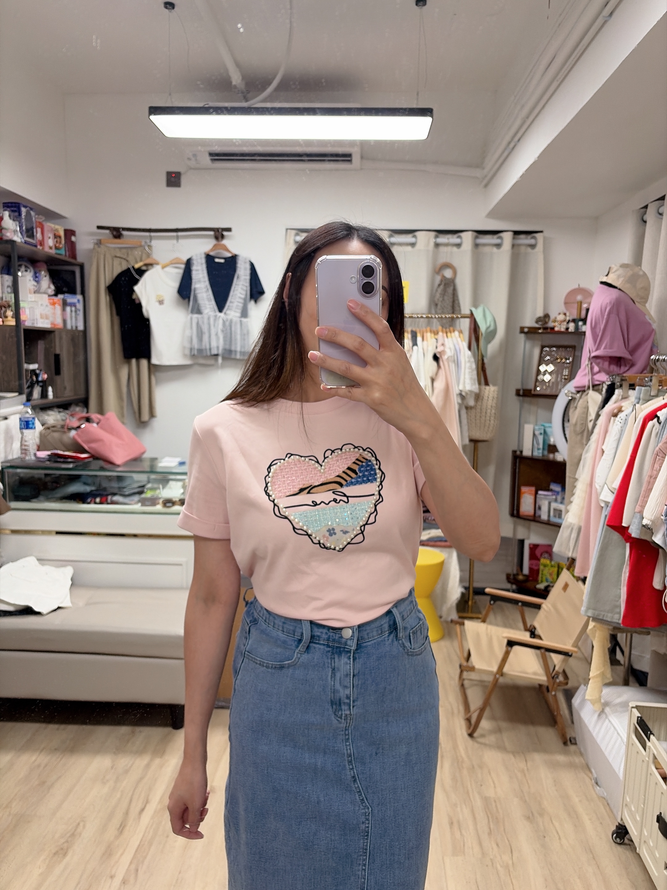 Tweeds拼色心型珠珠滑棉Tee 