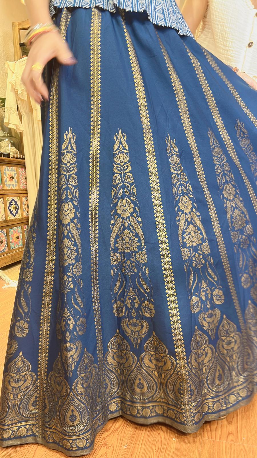 3108 Blue Gold Foil Stamping A-Line Skirt 38"