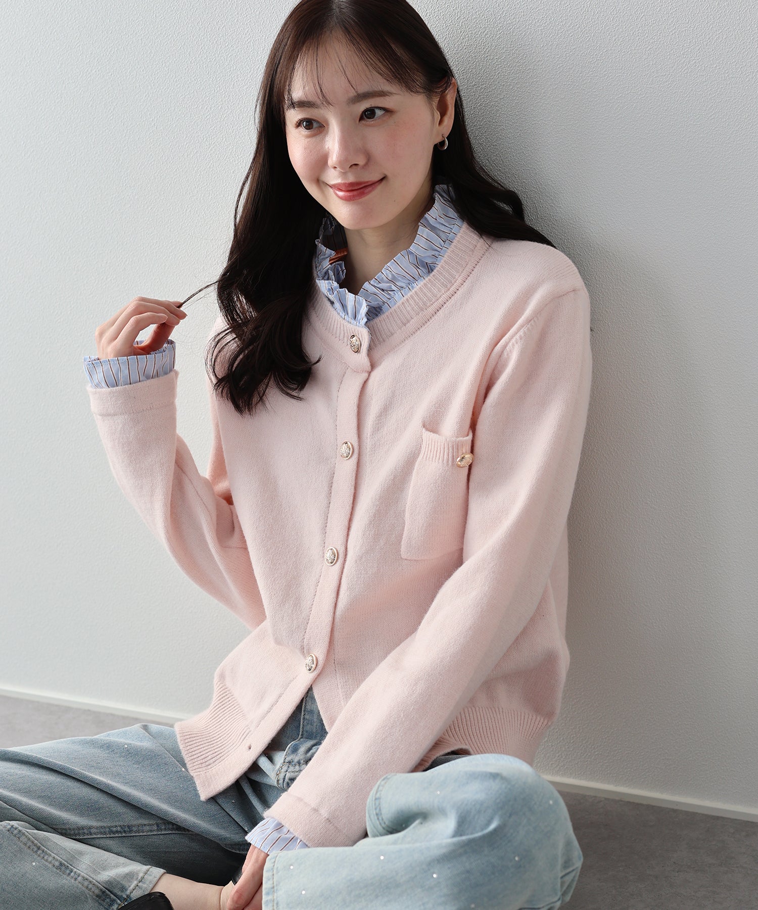 <現貨>新色加入💕<JP> 條紋褶邊shirt 拼金鈕cardigan (假兩件) * 5色入 