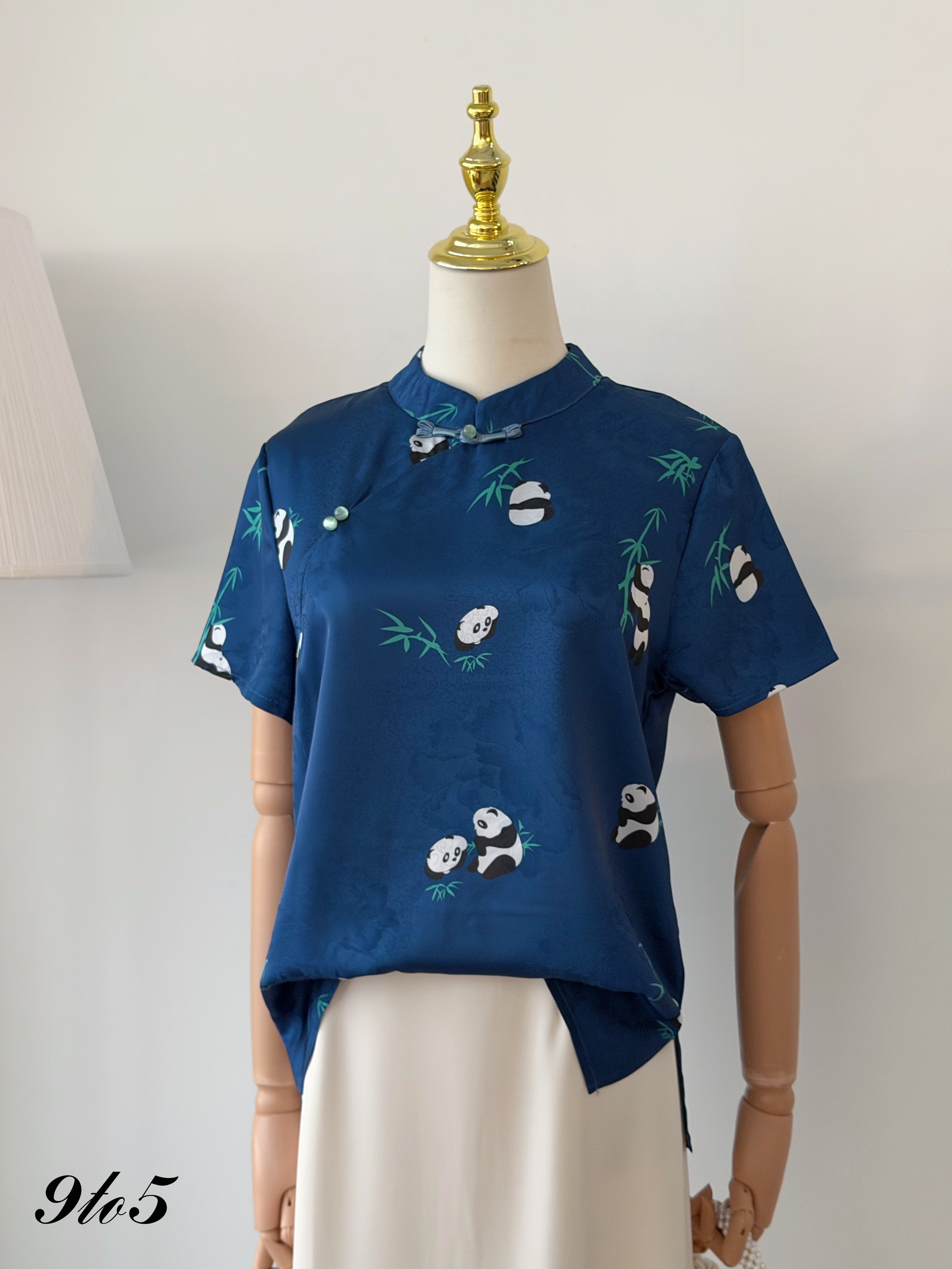 T4488 Short Sleeve Panda Cheongsam Top - Blue