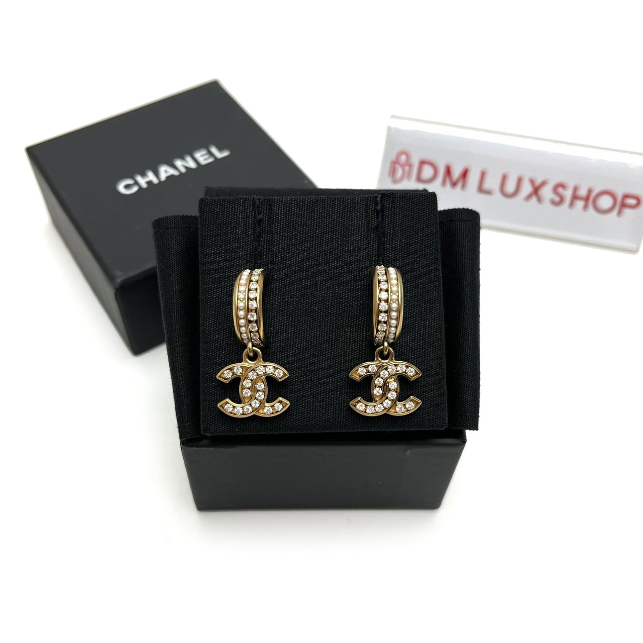 Chanel CC Crystal Pearl Hoop Earrings GHW