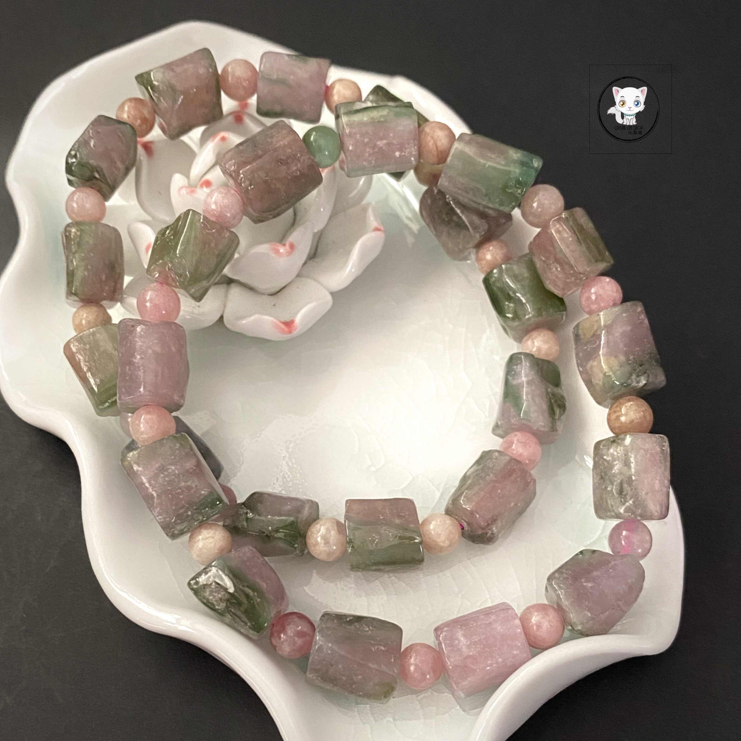 粉綠西瓜碧璽原石手鏈 9.5mm