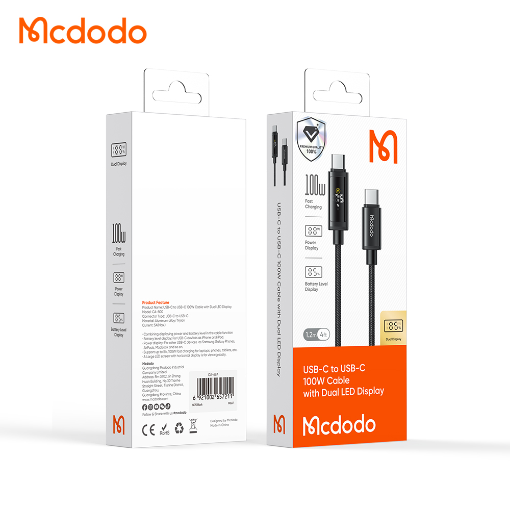 MCDODO CA8000 USBC TO USBC 100W CABLE WITH DUAL LED DISPLAY-CABLE:C-C 100W