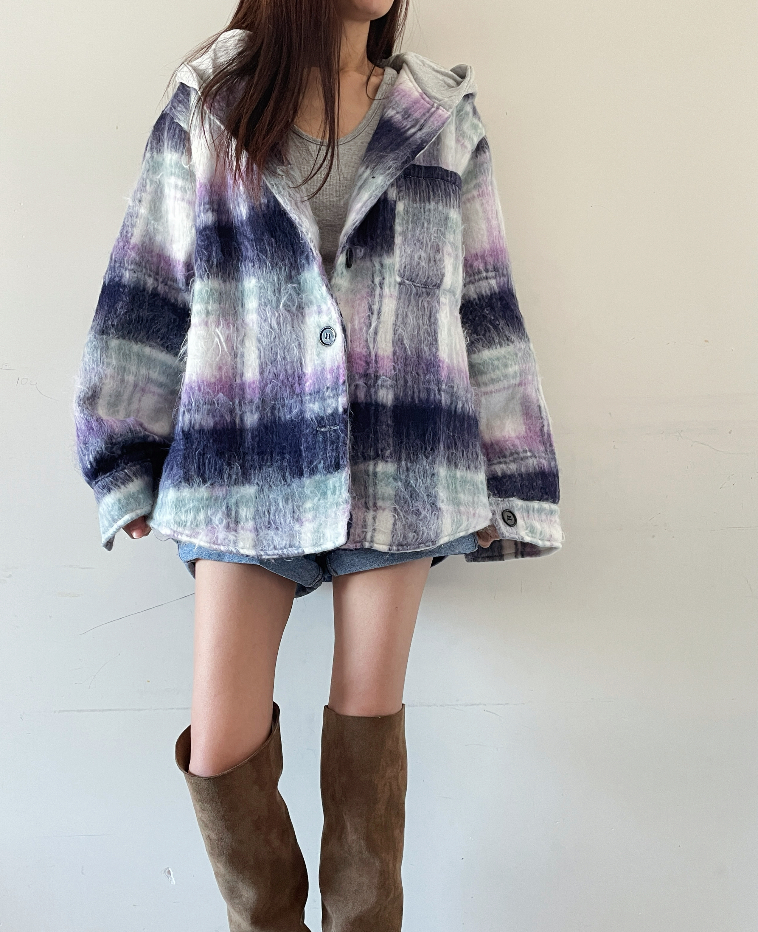 K5529 毛絨格仔有帽外套