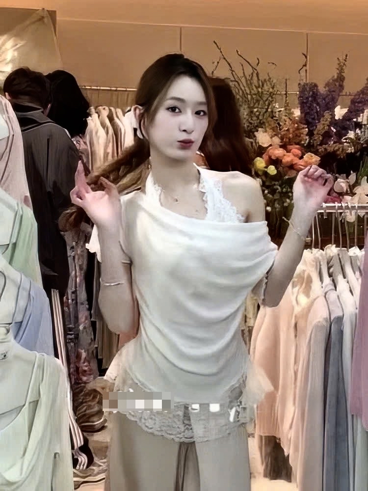 蕾絲邊挂脖上衣韓版