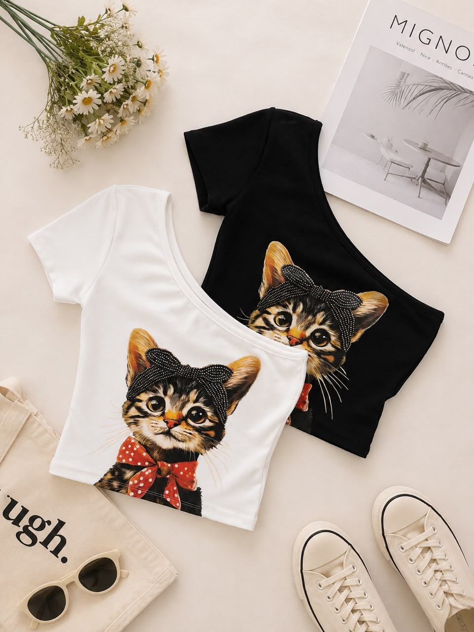 A100411 Korean Cat Print One Shoulder Crop Top