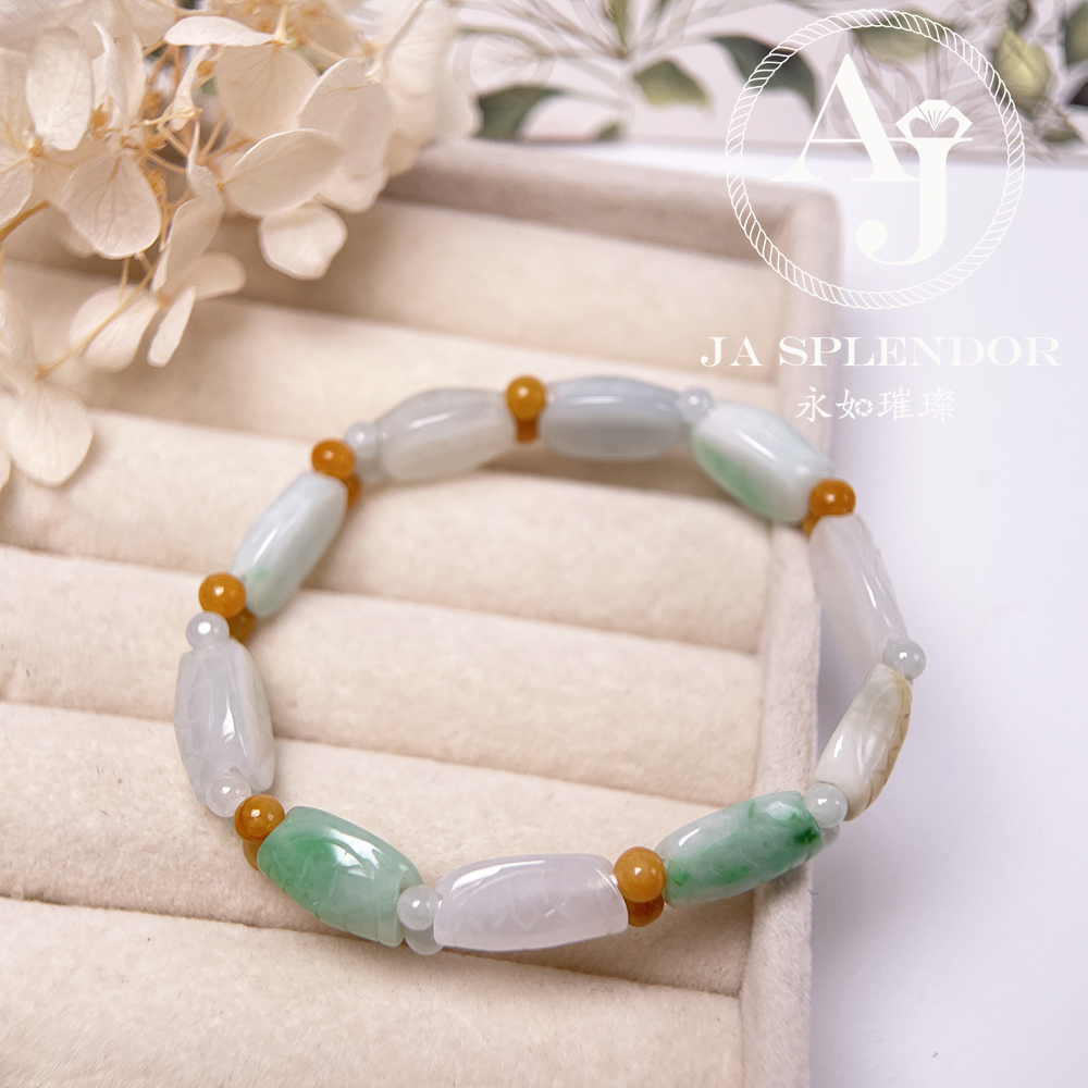 OF-06-C 天然翡翠A玉 - 冰潤三彩長壽吉祥龜貝手串