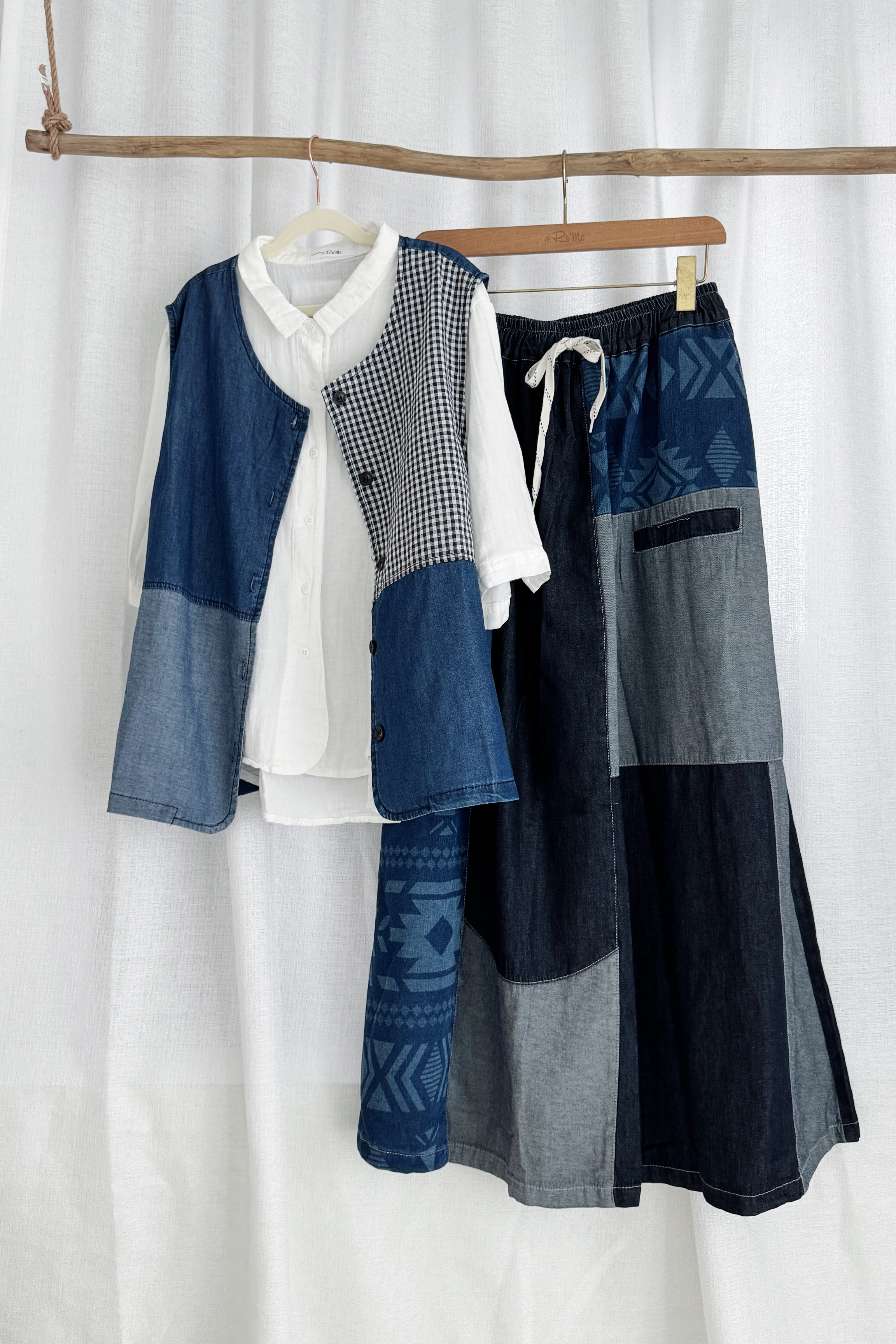 复古文艺风拼接A字牛仔裙