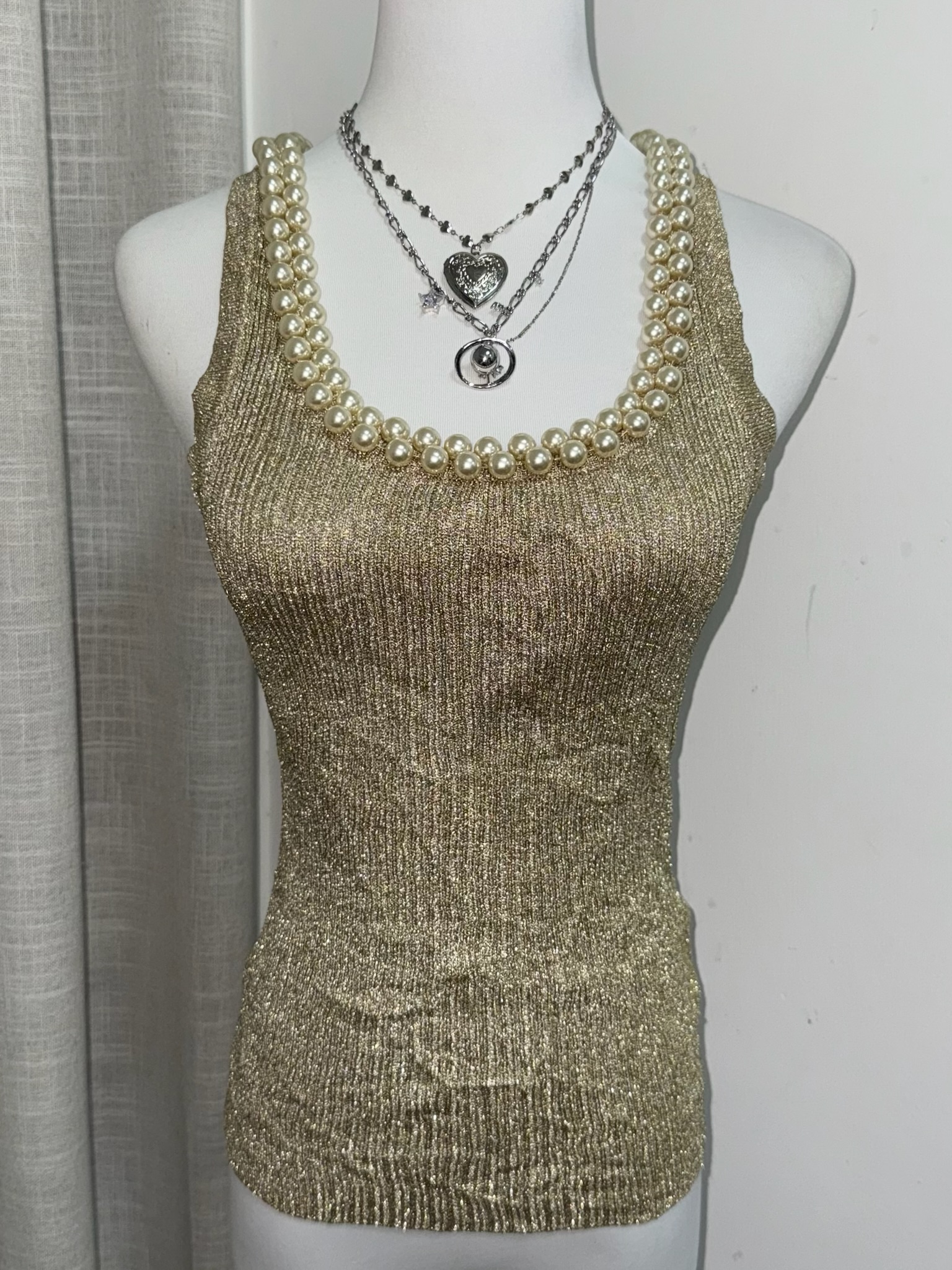 Vintage Gold Metallic Ribbed Sleeveless Top with Faux Pearl Neckline