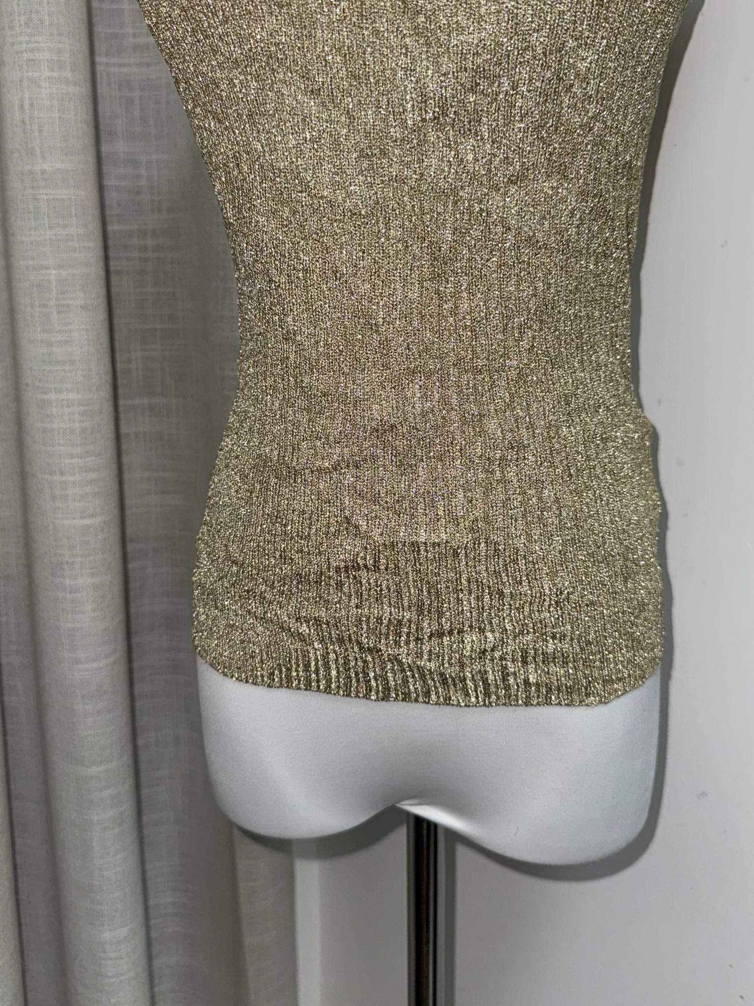 Vintage Gold Metallic Ribbed Sleeveless Top with Faux Pearl Neckline