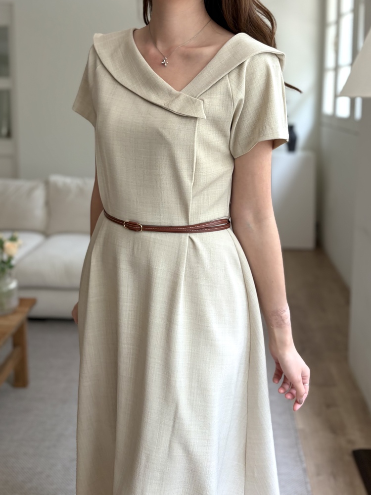 Sailor Collar Belted Dress (Beige)